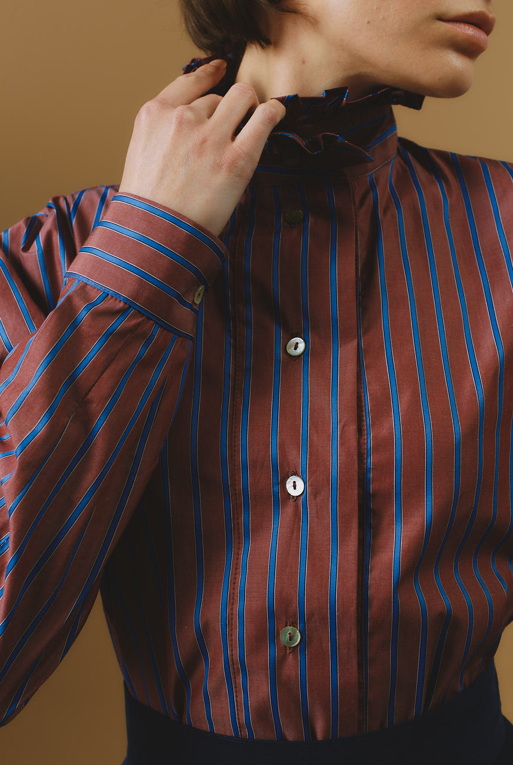 Detail of Wind County Brown Blue Stripes Blouse by Thierry Colson