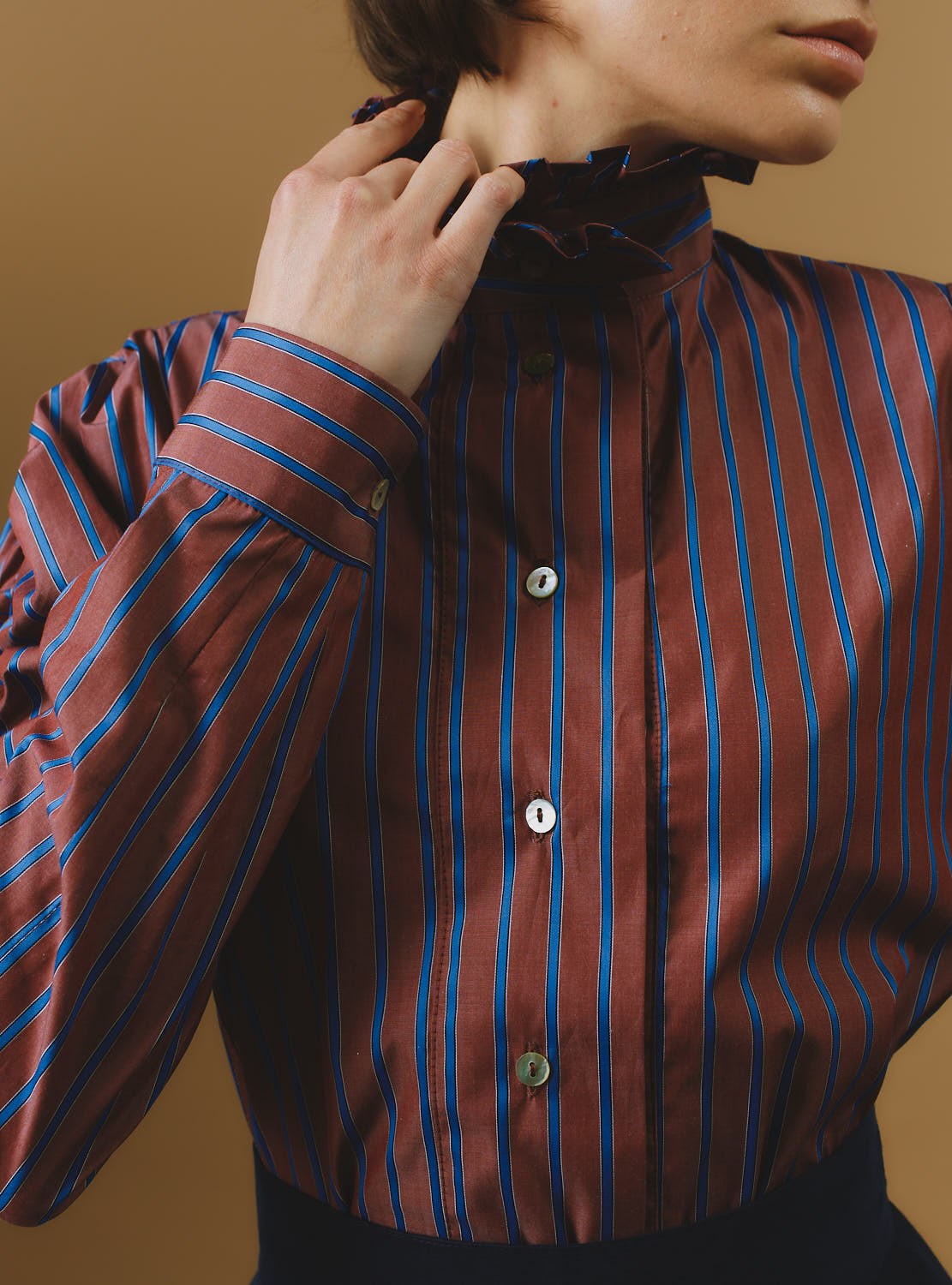 Detail of Wind County Brown Blue Stripes Blouse by Thierry Colson