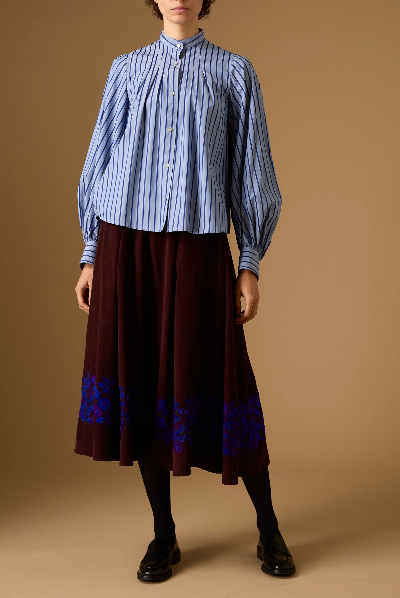 Yana county Grey Blue Stripes Blouse with Wynona Chocolate Corduroy skirt by Thierry Colson