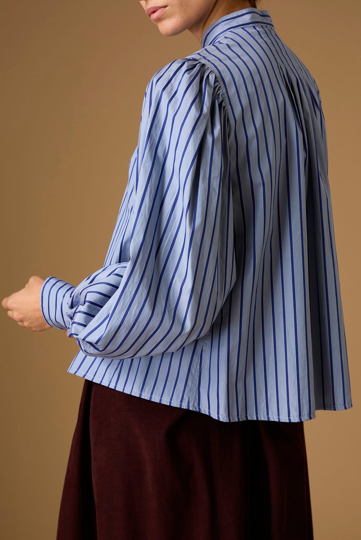 Back view of Yana county Grey Blue Stripes Blouse by Thierry Colson