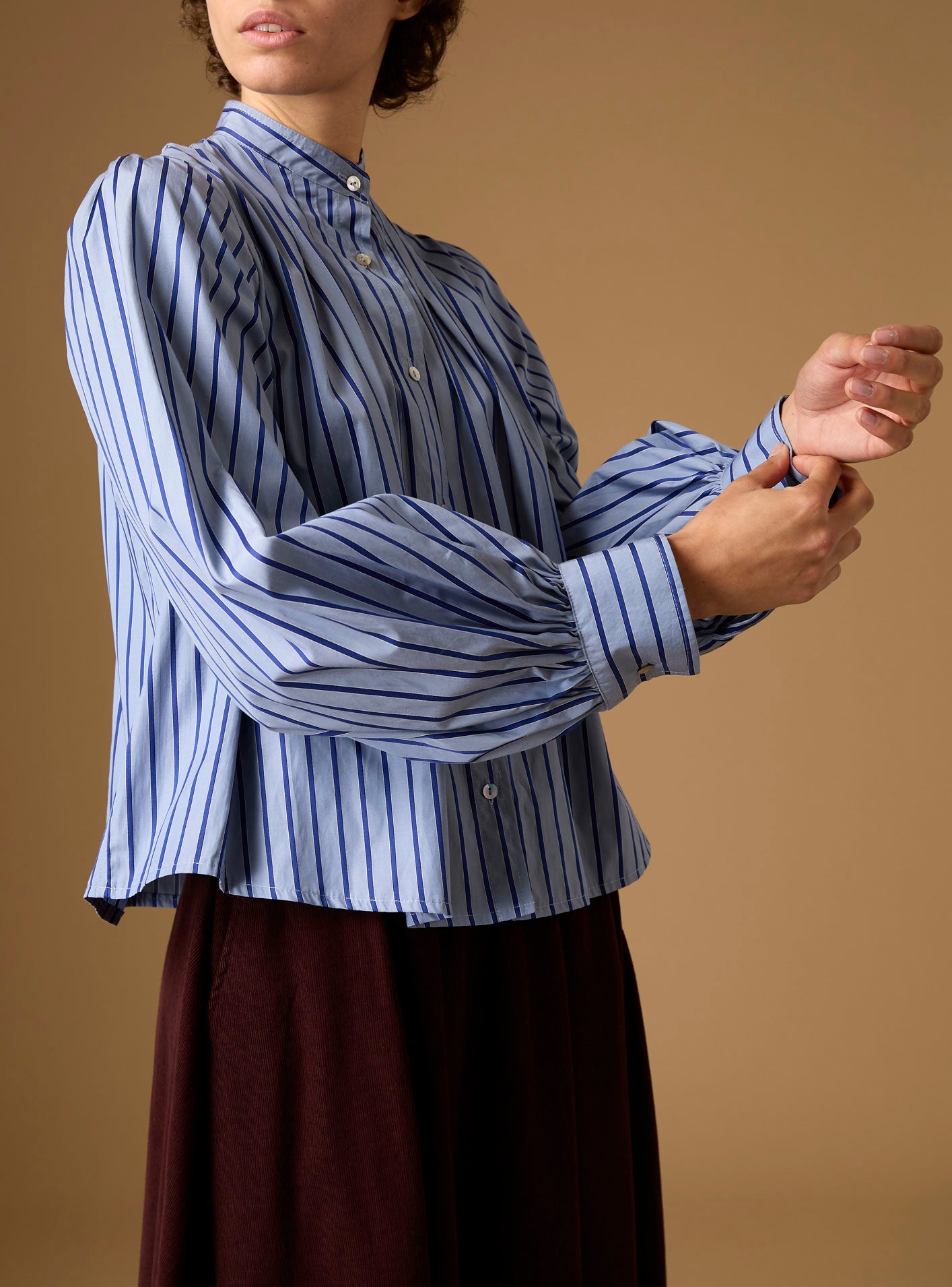 Detail of Yana county Grey Blue Stripes Blouse by Thierry Colson