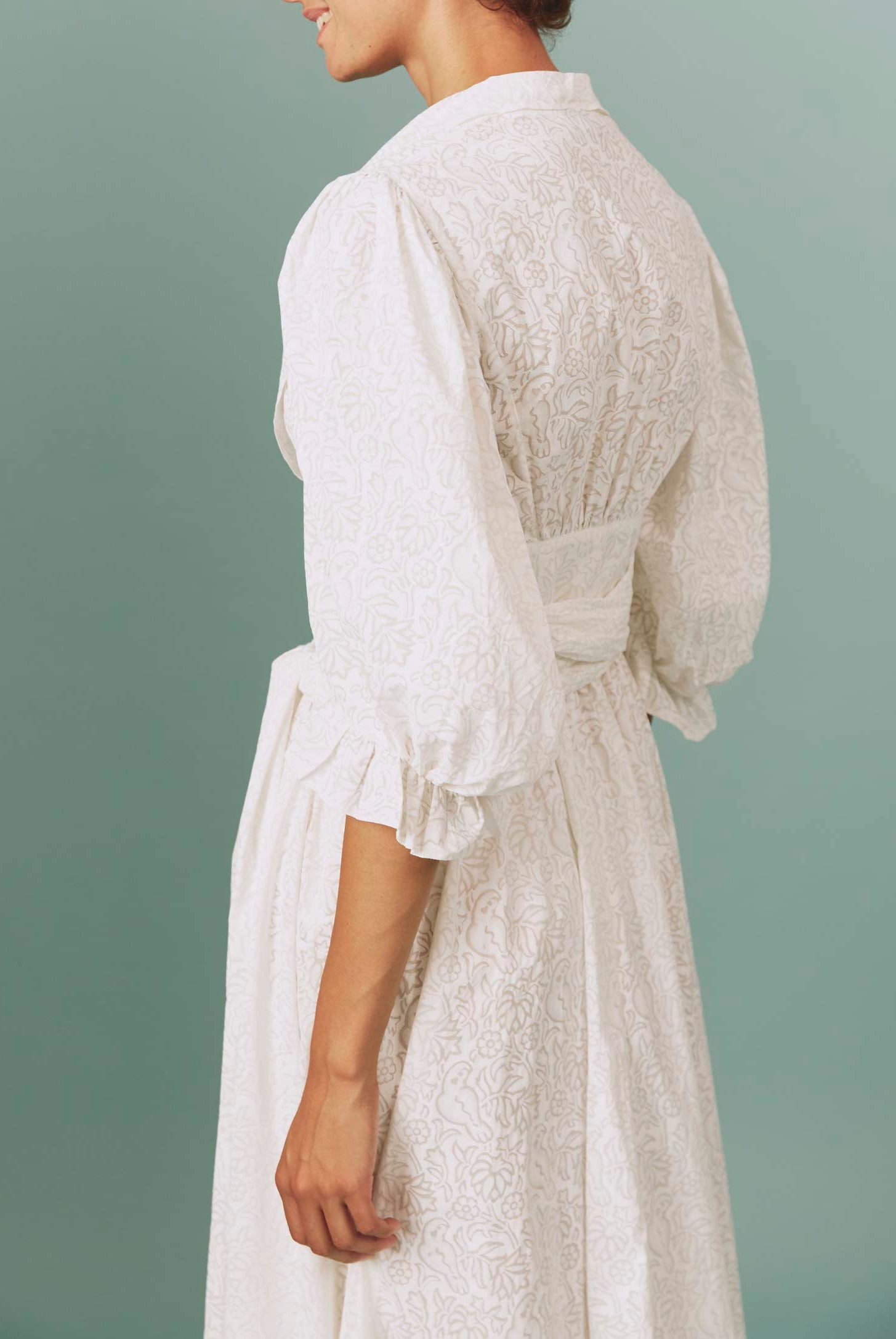 Back view of Zorah White Parrot Print Dress by Thierry Colson
