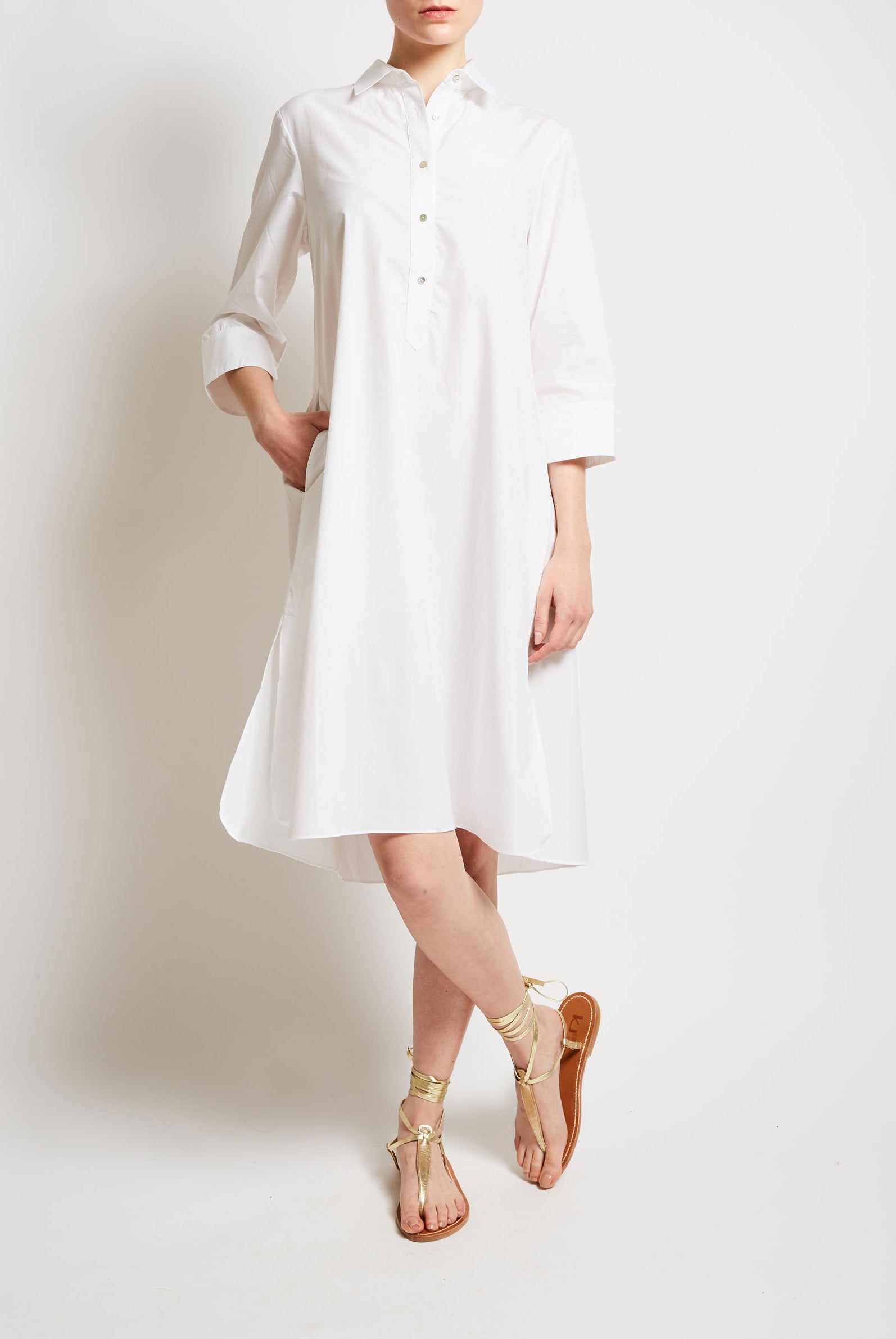 Front view - Iconic Angelica White Shirt knee Dress by Thierry Colson