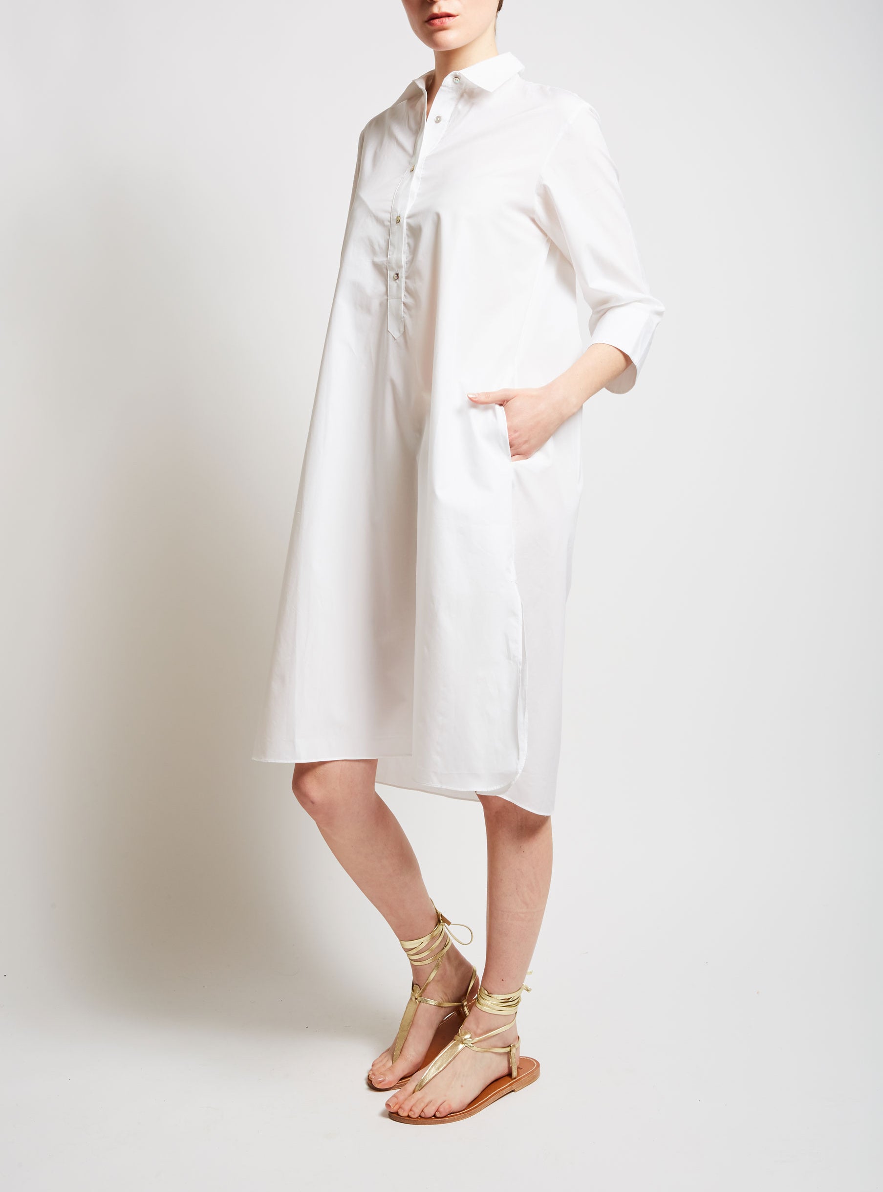 Side view - Iconic Angelica White Shirt knee Dress by Thierry Colson