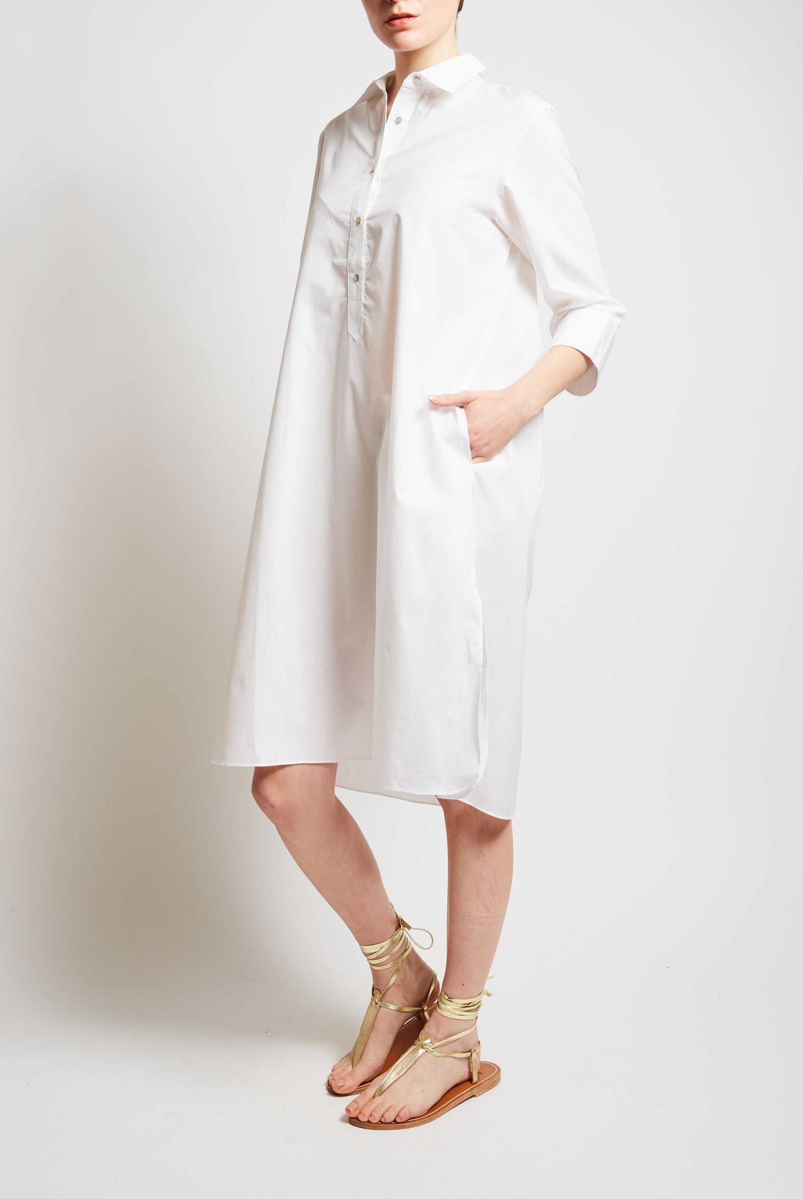 Side view - Iconic Angelica White Shirt knee Dress by Thierry Colson