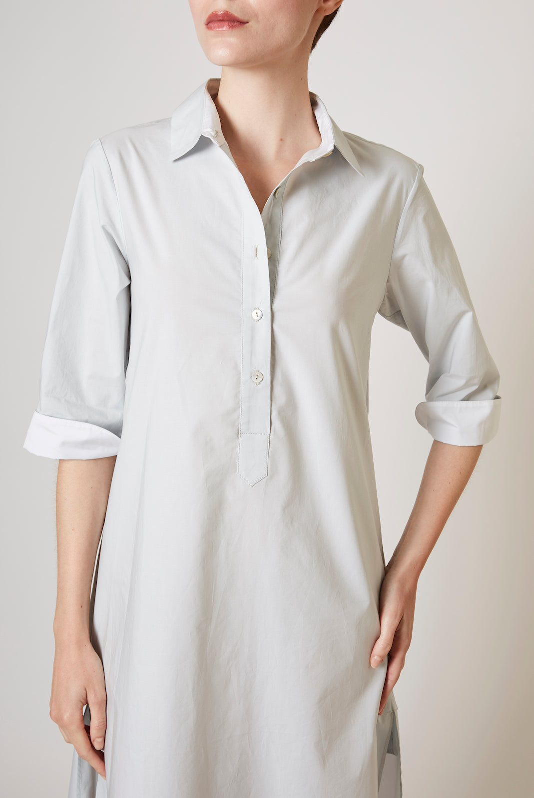 Detail of Angelica Pearl grey shirt Dress by Thierry Colson