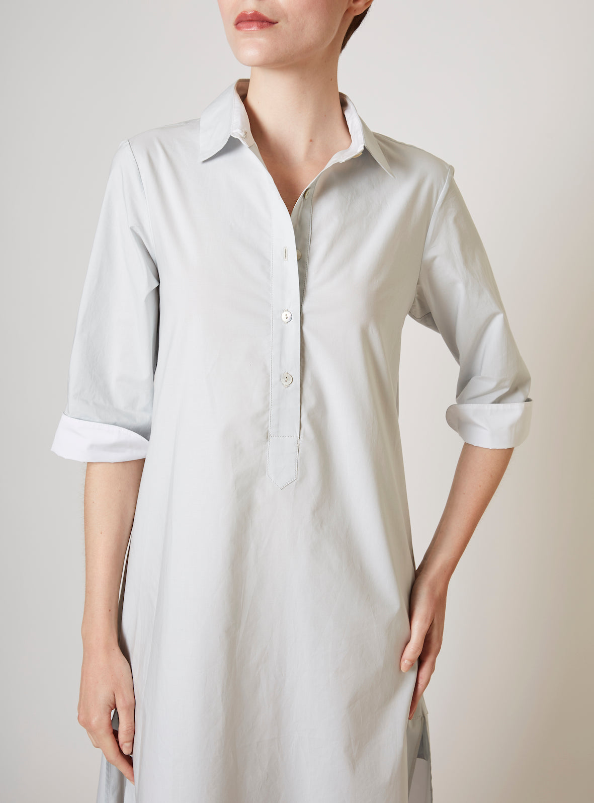 Detail of Angelica Pearl grey shirt Dress by Thierry Colson