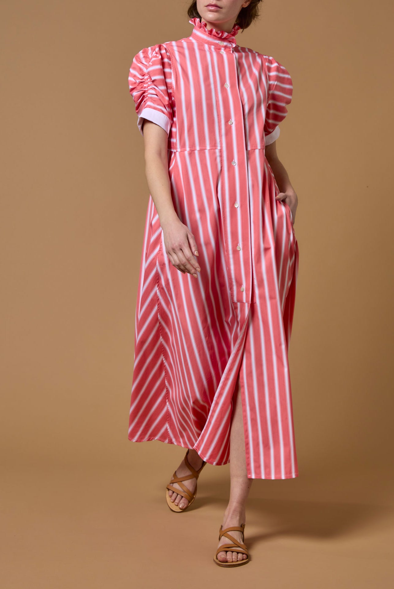 Front view - Venetia Coral Dress - Downing Poplin - Thierry Colson