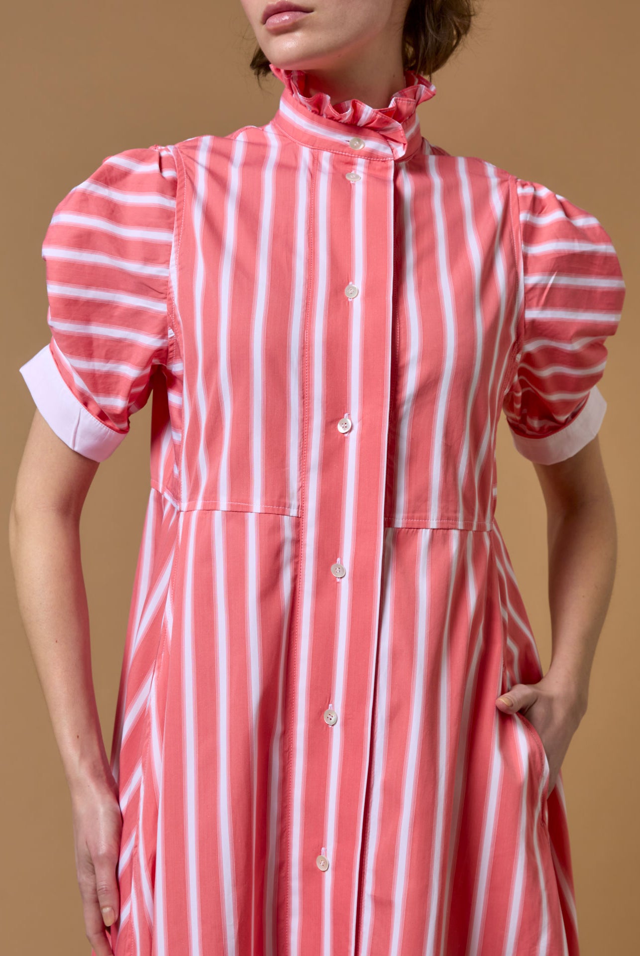 Front close up - Venetia Coral Dress - Downing Poplin - Thierry Colson