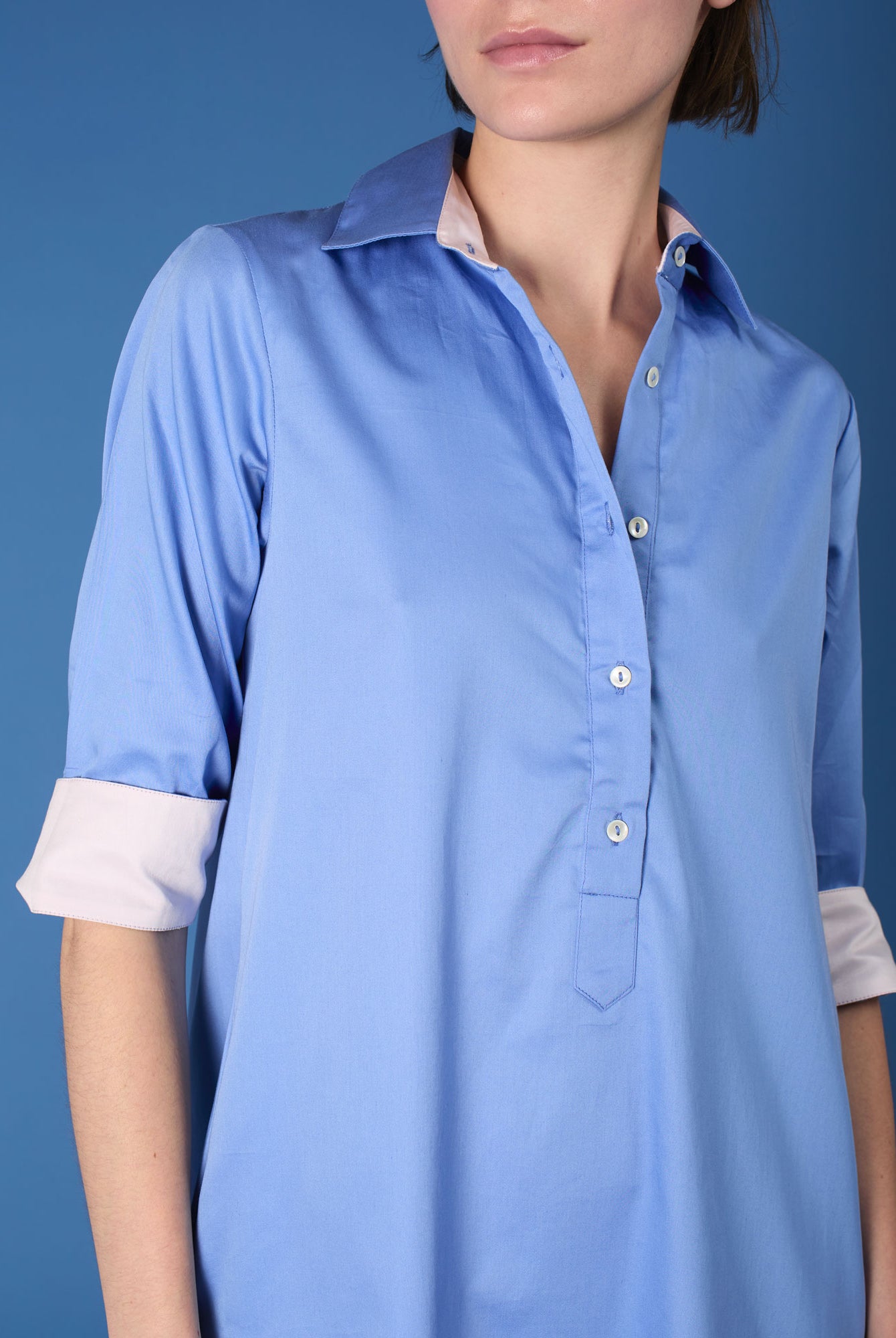 Close up of Angelica blue "Pervenche" shirt dress by Thierry Colson