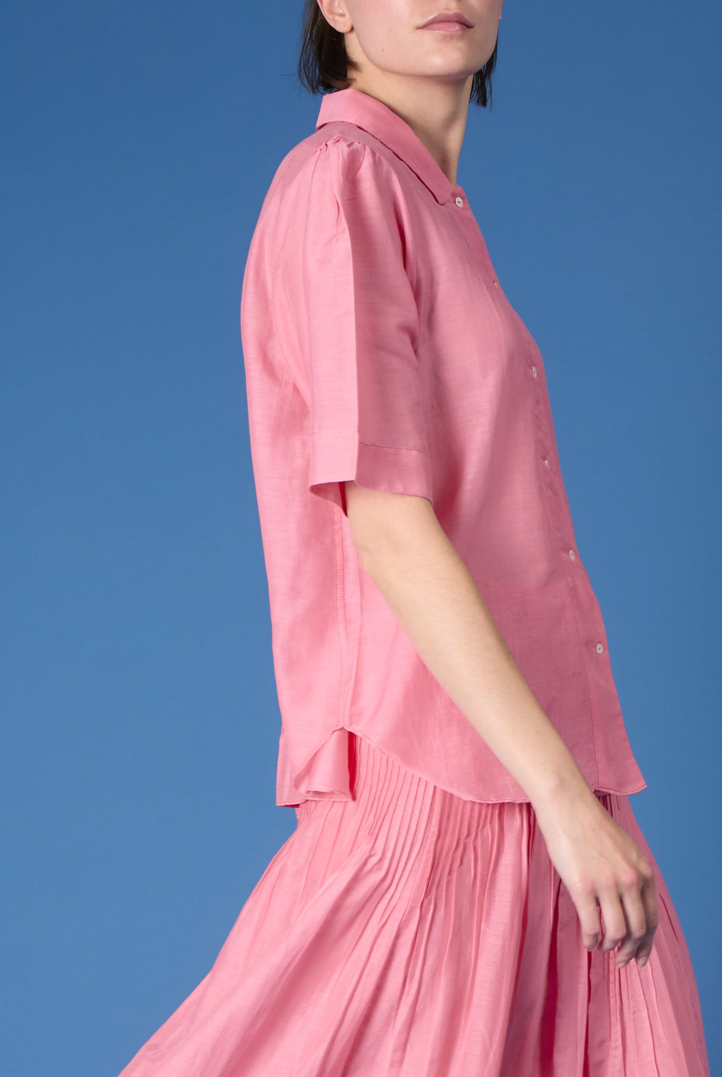 Side view Betty Candy Pink Shirt by Thierry Colson