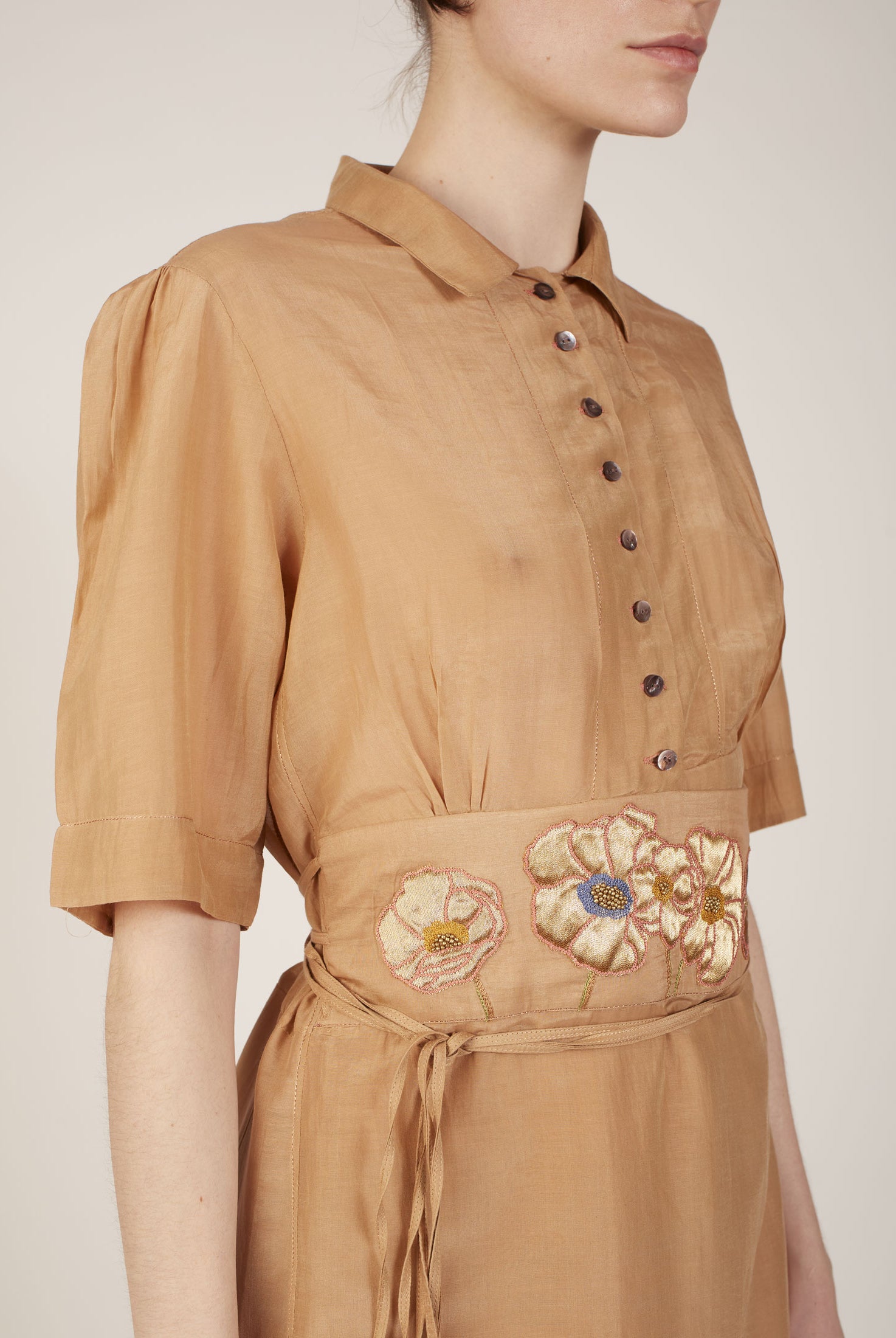 Detail top View Betty Sand Rose Long Dress by Thierry Colson