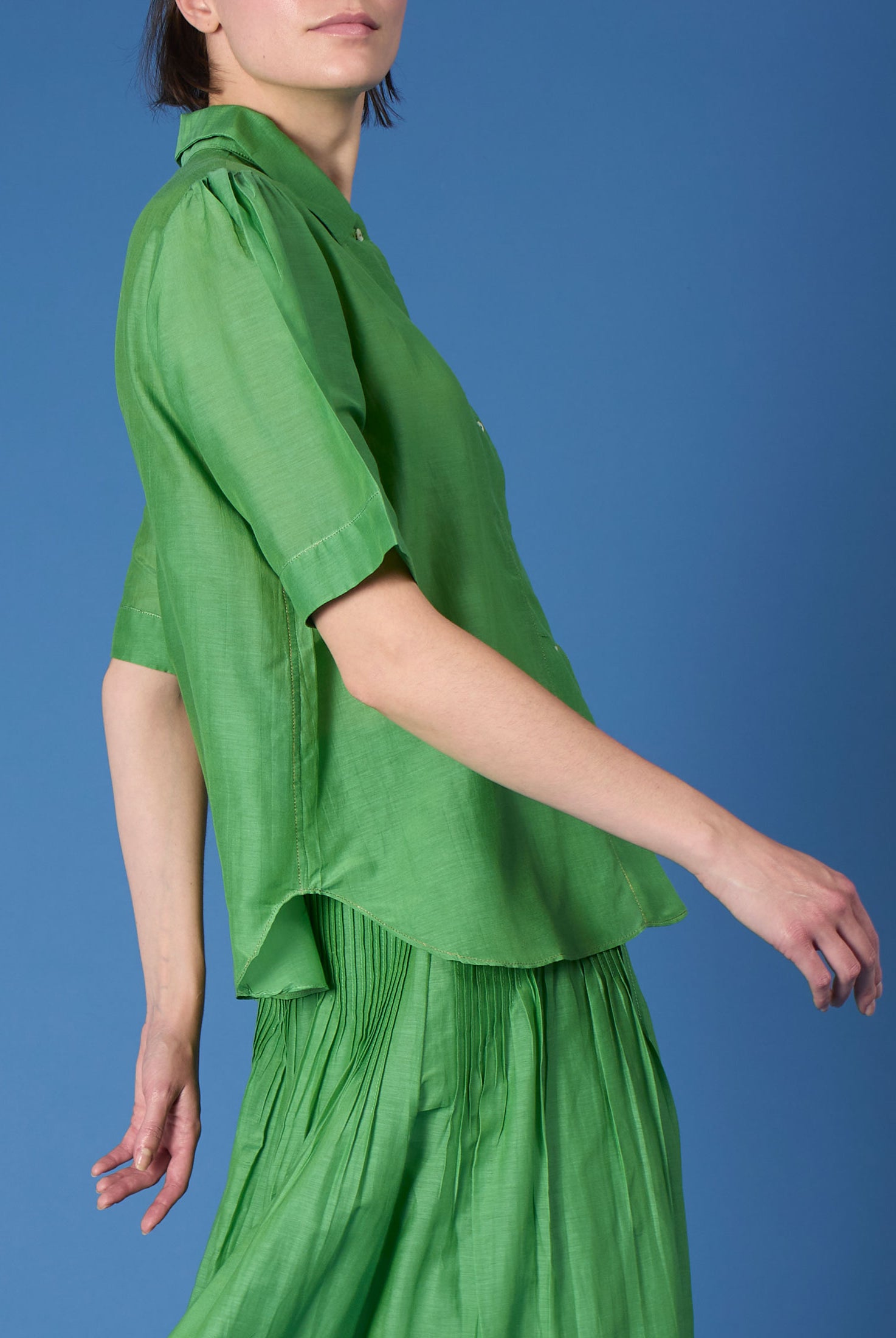 Side view of Betty Gipsy Embroidery Veridian Green Shirt by Thierry Colson