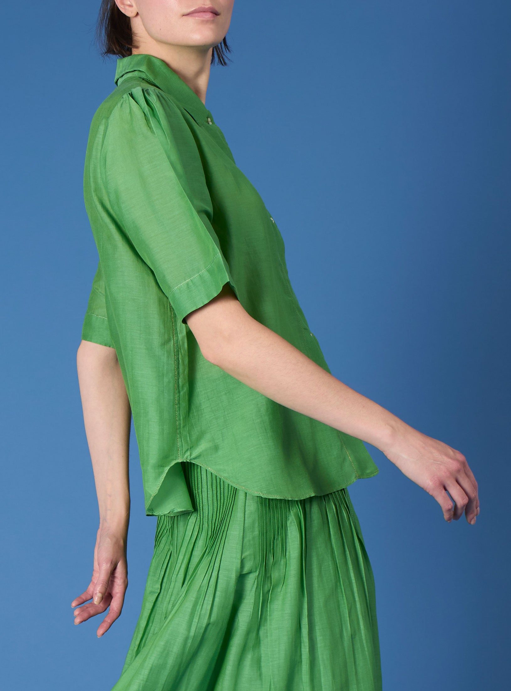 Side view of Betty Gipsy Embroidery Veridian Green Shirt by Thierry Colson