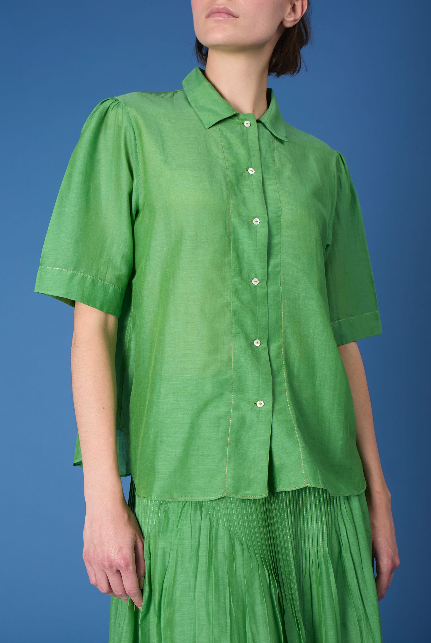 Front view of Betty Gipsy Embroidery Veridian Green Shirt by Thierry Colson