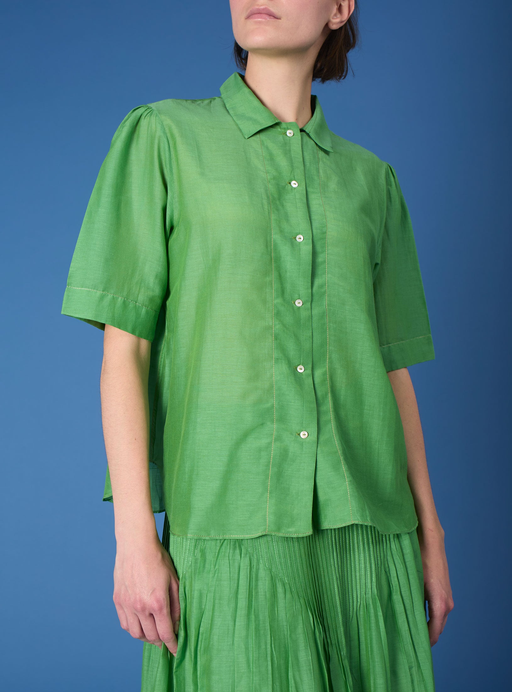 Front view of Betty Gipsy Embroidery Veridian Green Shirt by Thierry Colson
