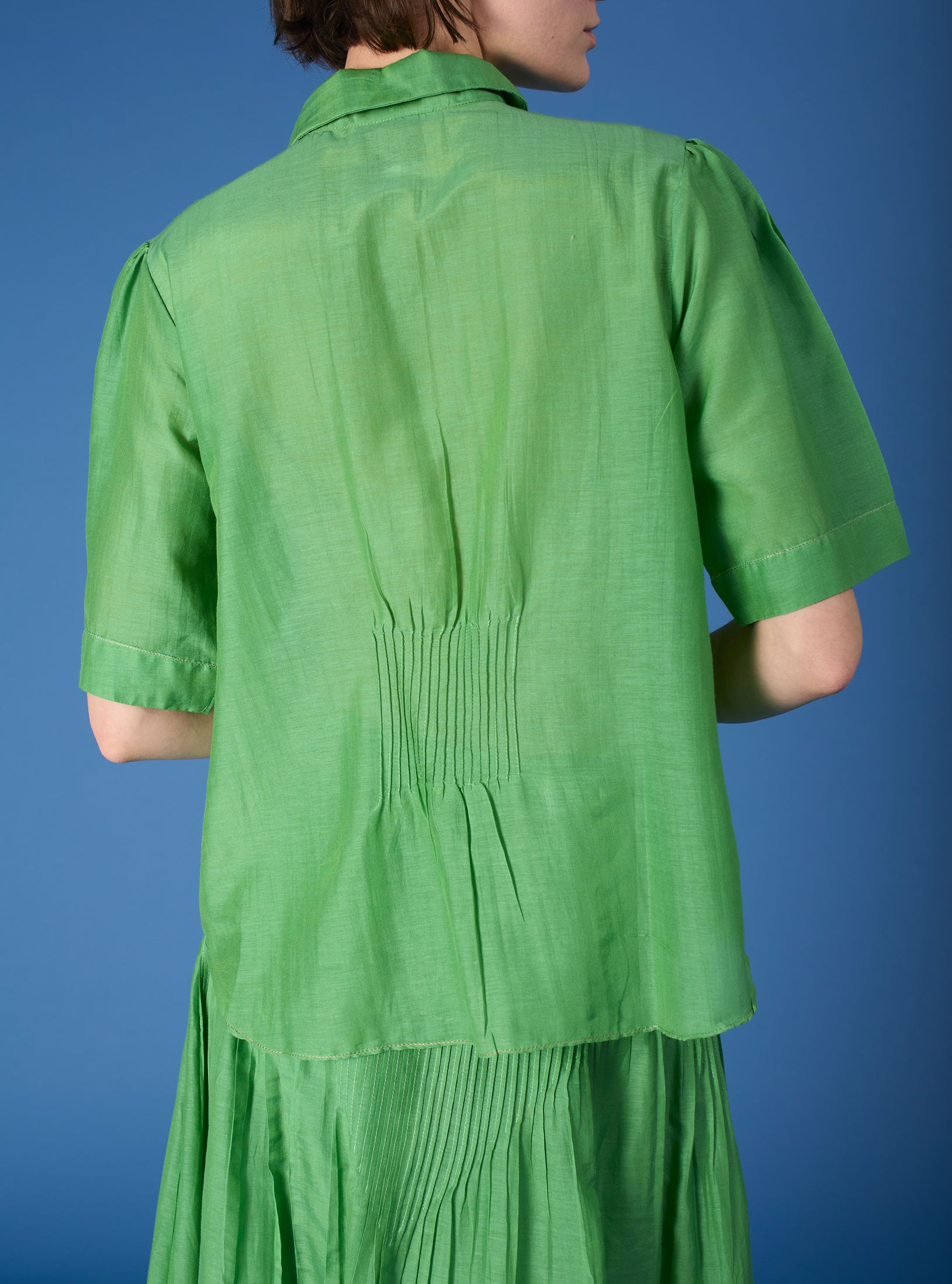 Back view of Betty Gipsy Embroidery Veridian Green Shirt by Thierry Colson 