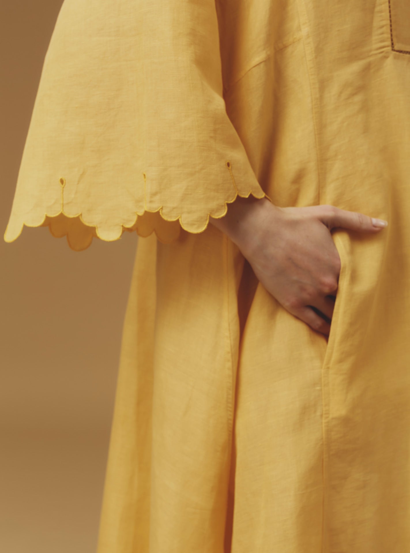 Close up sleeve view Rachel Sunflower Long Kaftan by Thierry Colson - Barocco Scallops theme