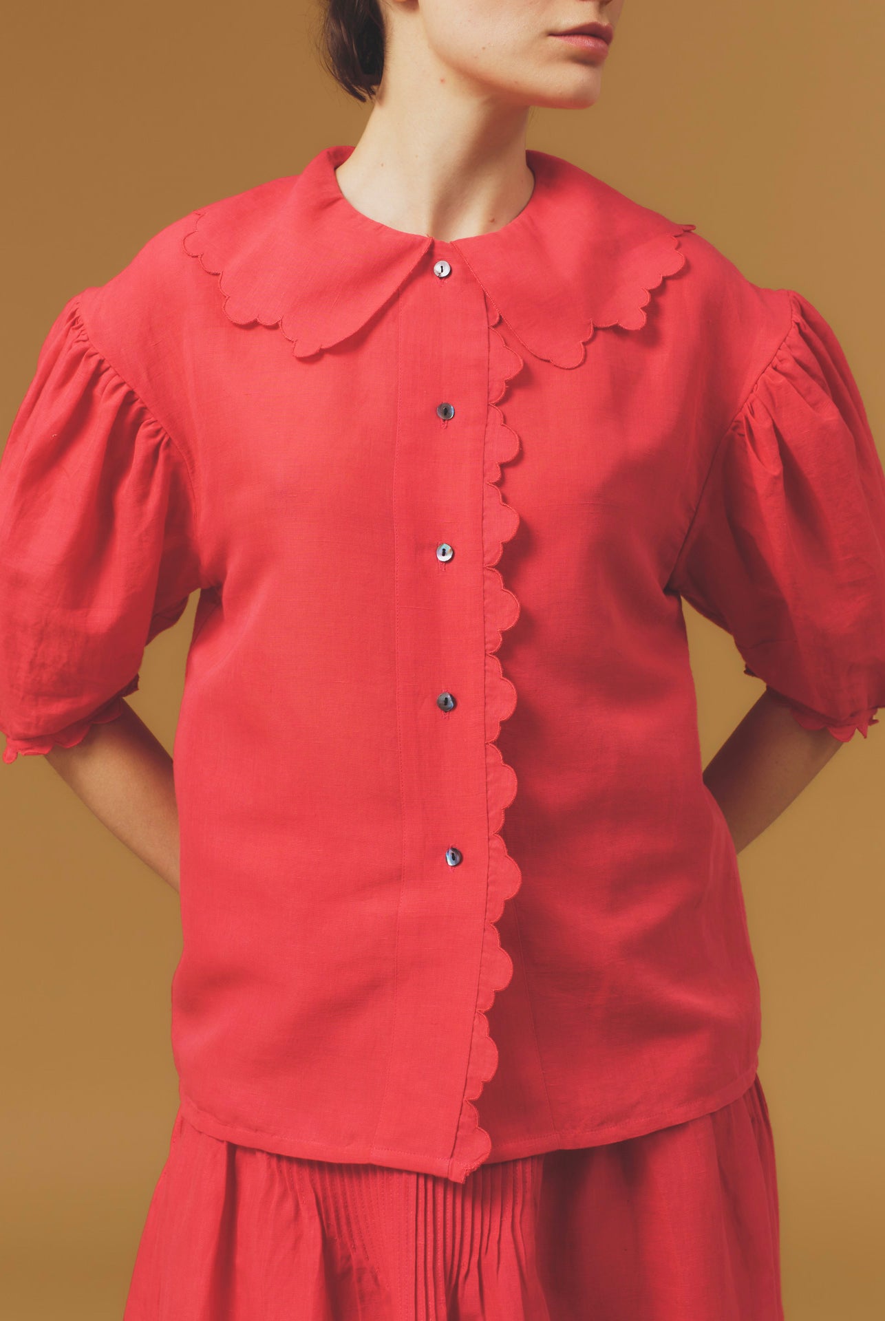 Front view of Vanina Barocco Scallops Rapsberry Blouse by Thierry Colson