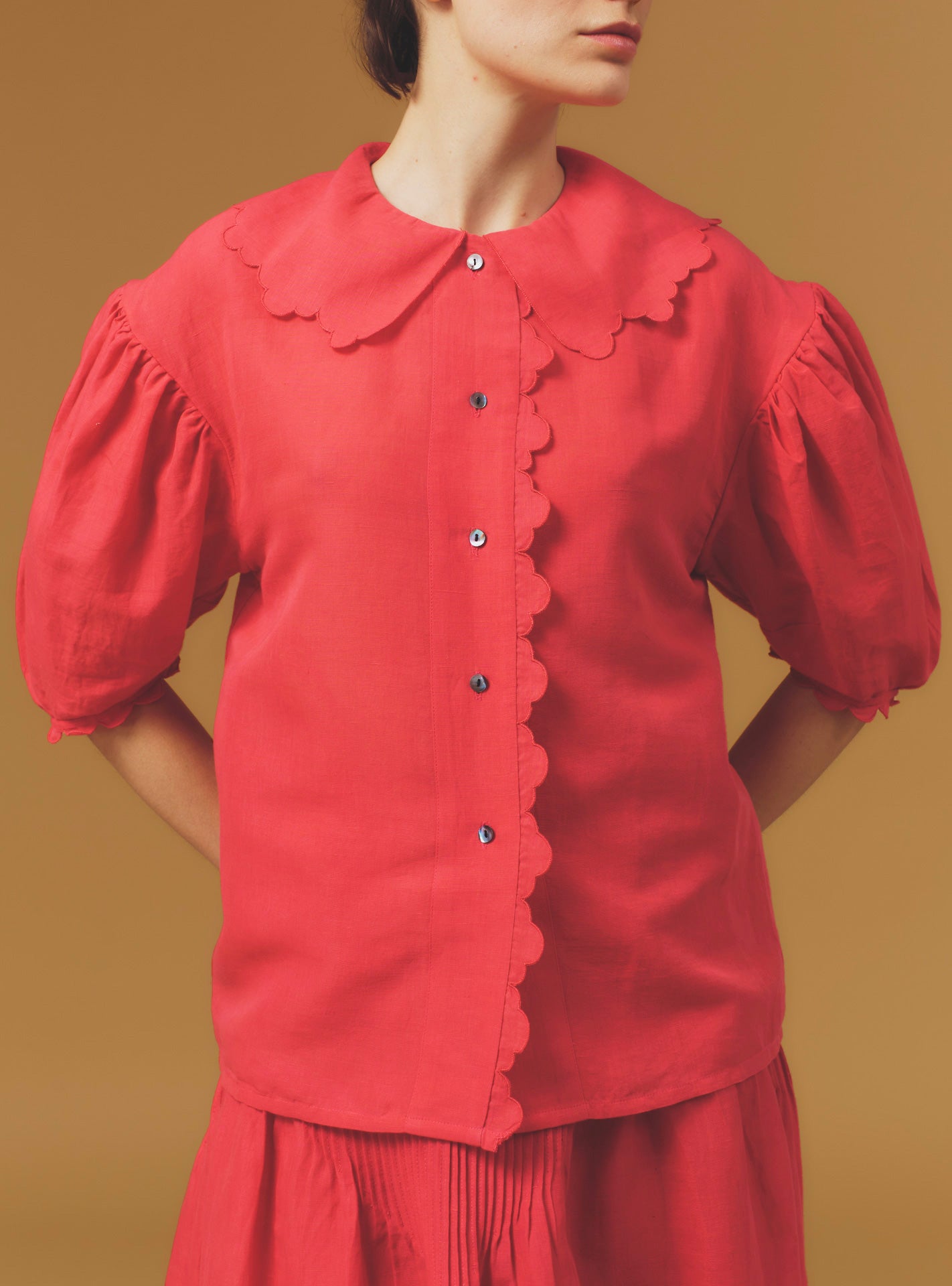 Front view of Vanina Barocco Scallops Rapsberry Blouse by Thierry Colson