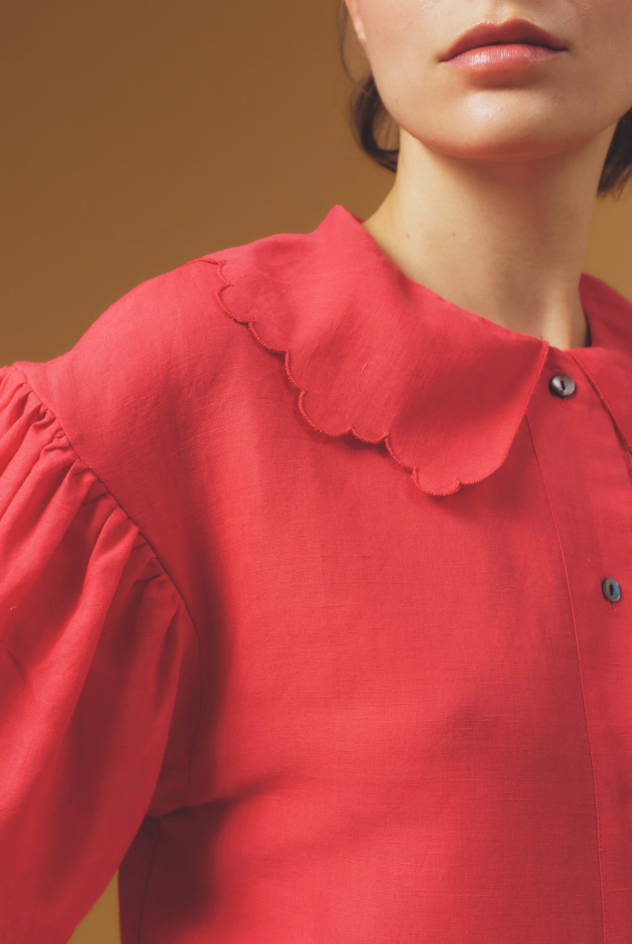 Collar detail of Vanina Barocco Scallops Rapsberry Blouse by Thierry Colson