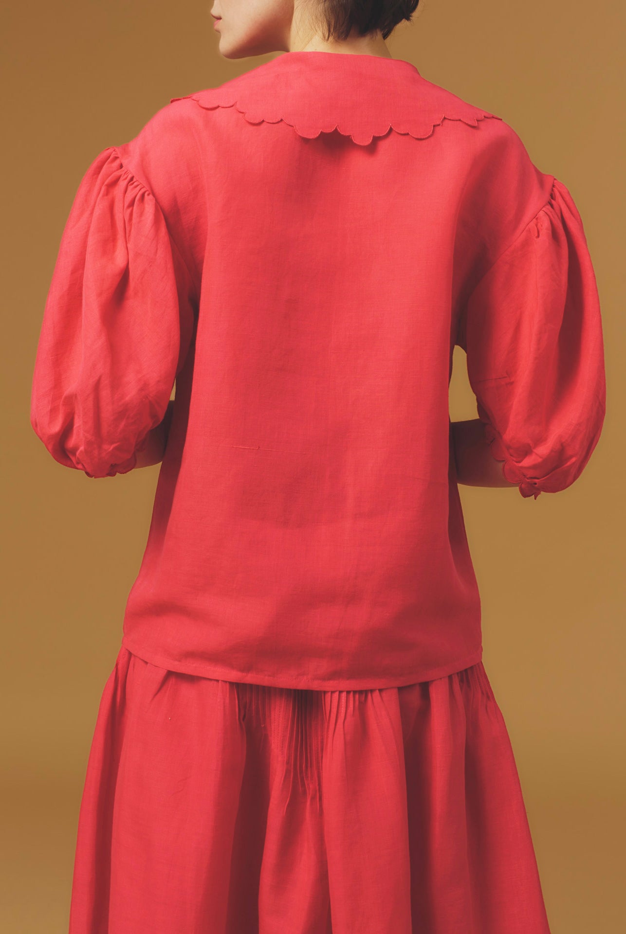Back view of Vanina Barocco Scallops Rapsberry Blouse by Thierry Colson