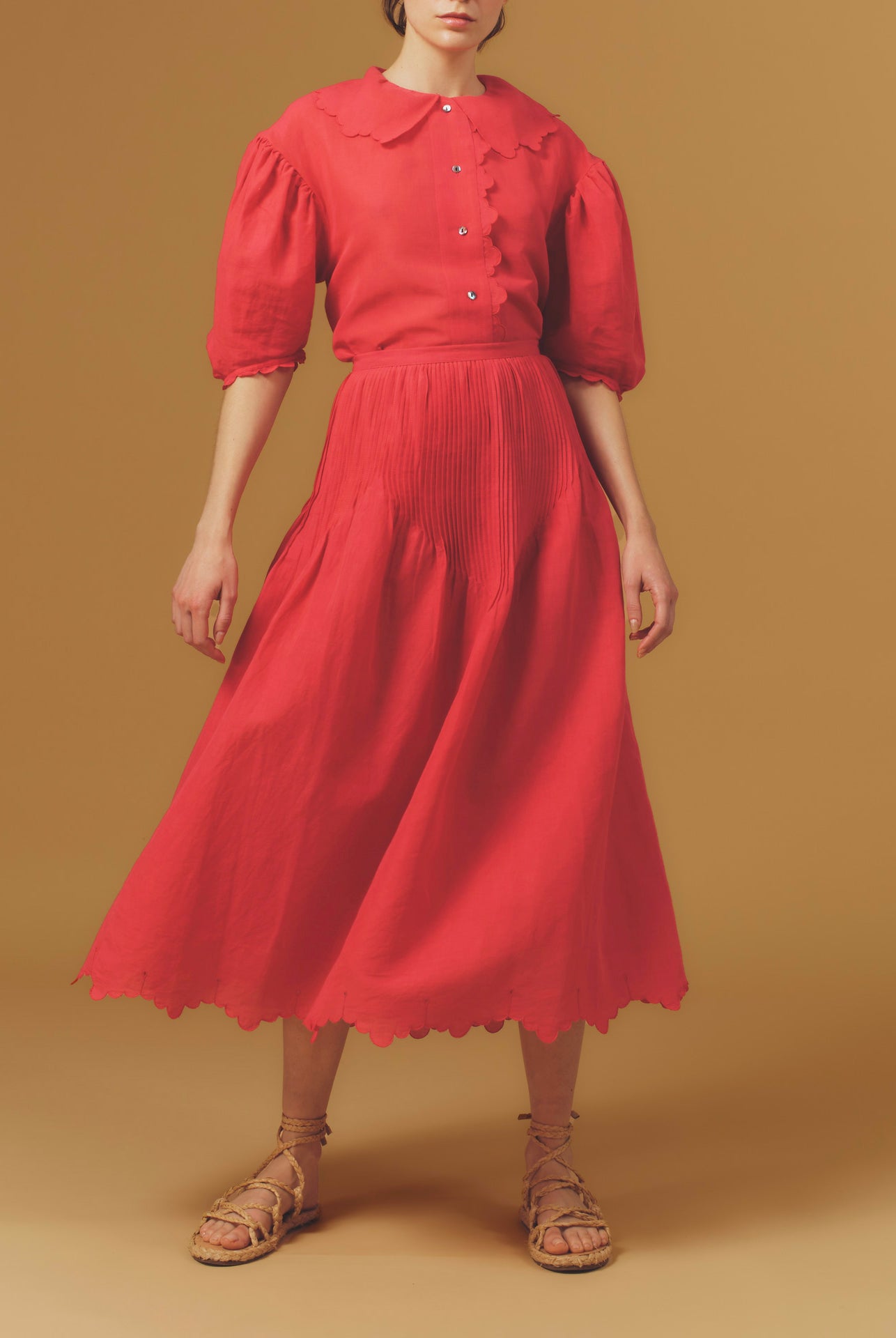 Large view of Vanina Barocco Scallops Rapsberry Blouse with Verde Skirt by Thierry Colson