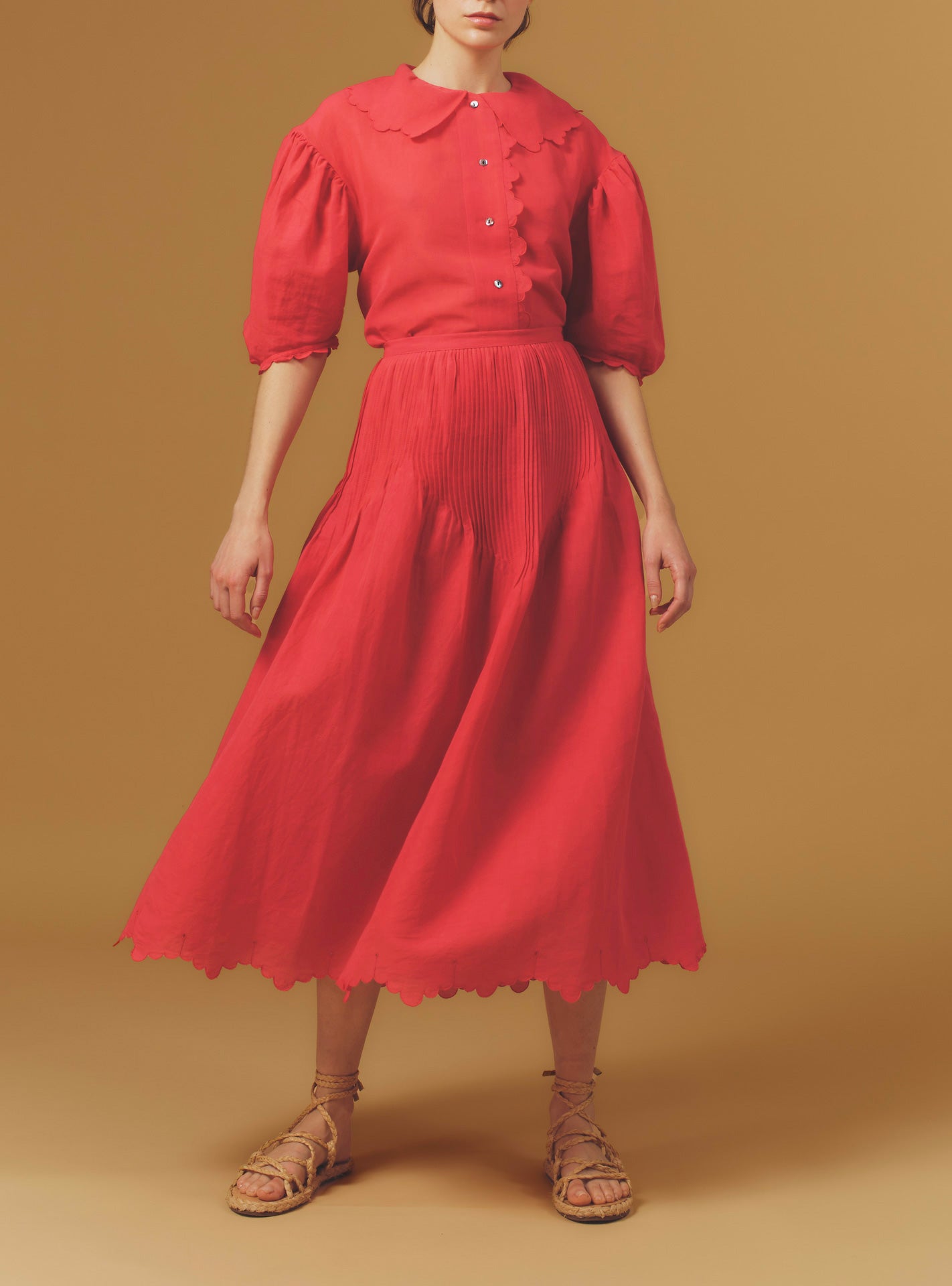 Large view of Vanina Barocco Scallops Rapsberry Blouse with Verde Skirt by Thierry Colson