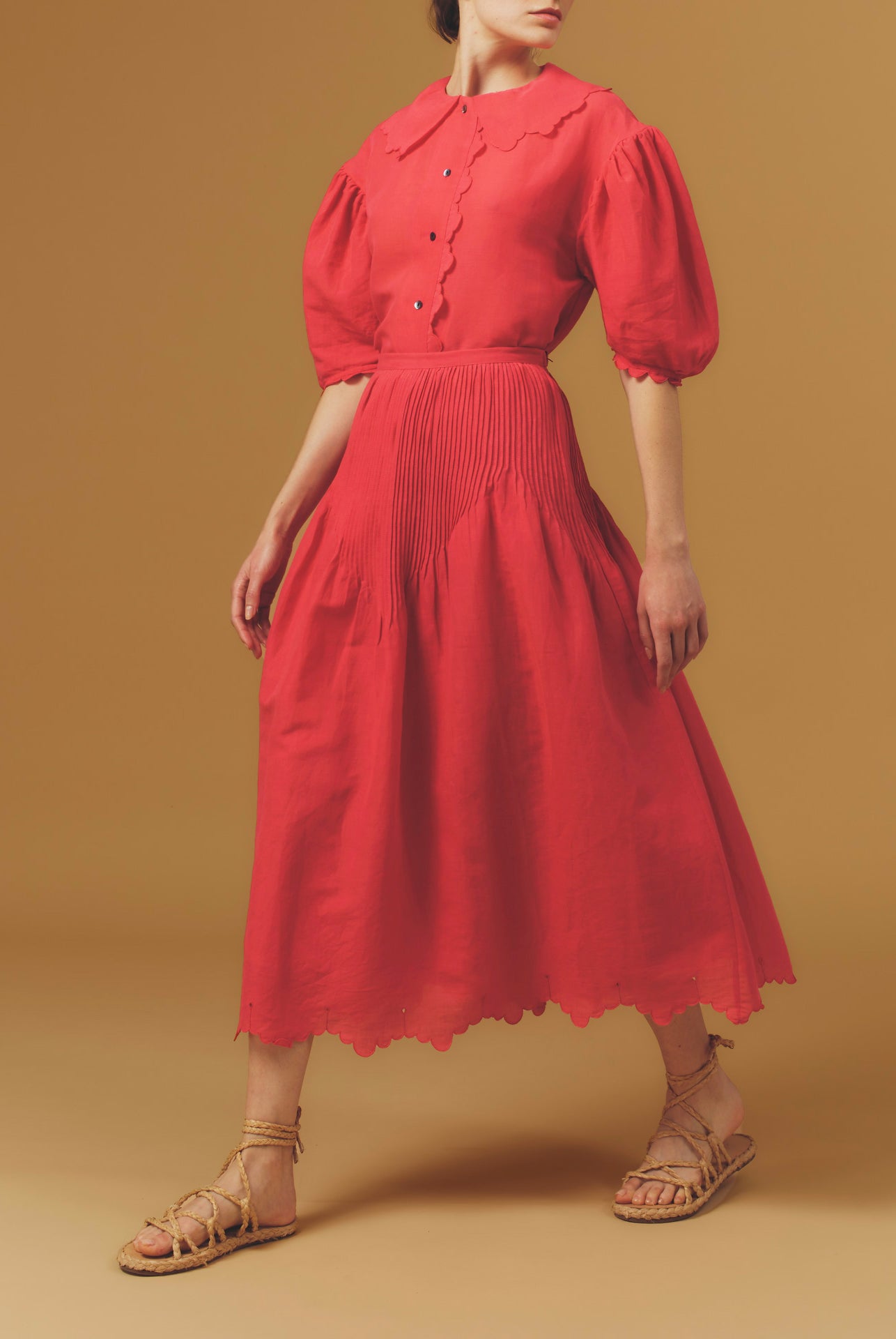Front view of Verde Barocco Scallops Raspberry Skirt by Thierry Colson