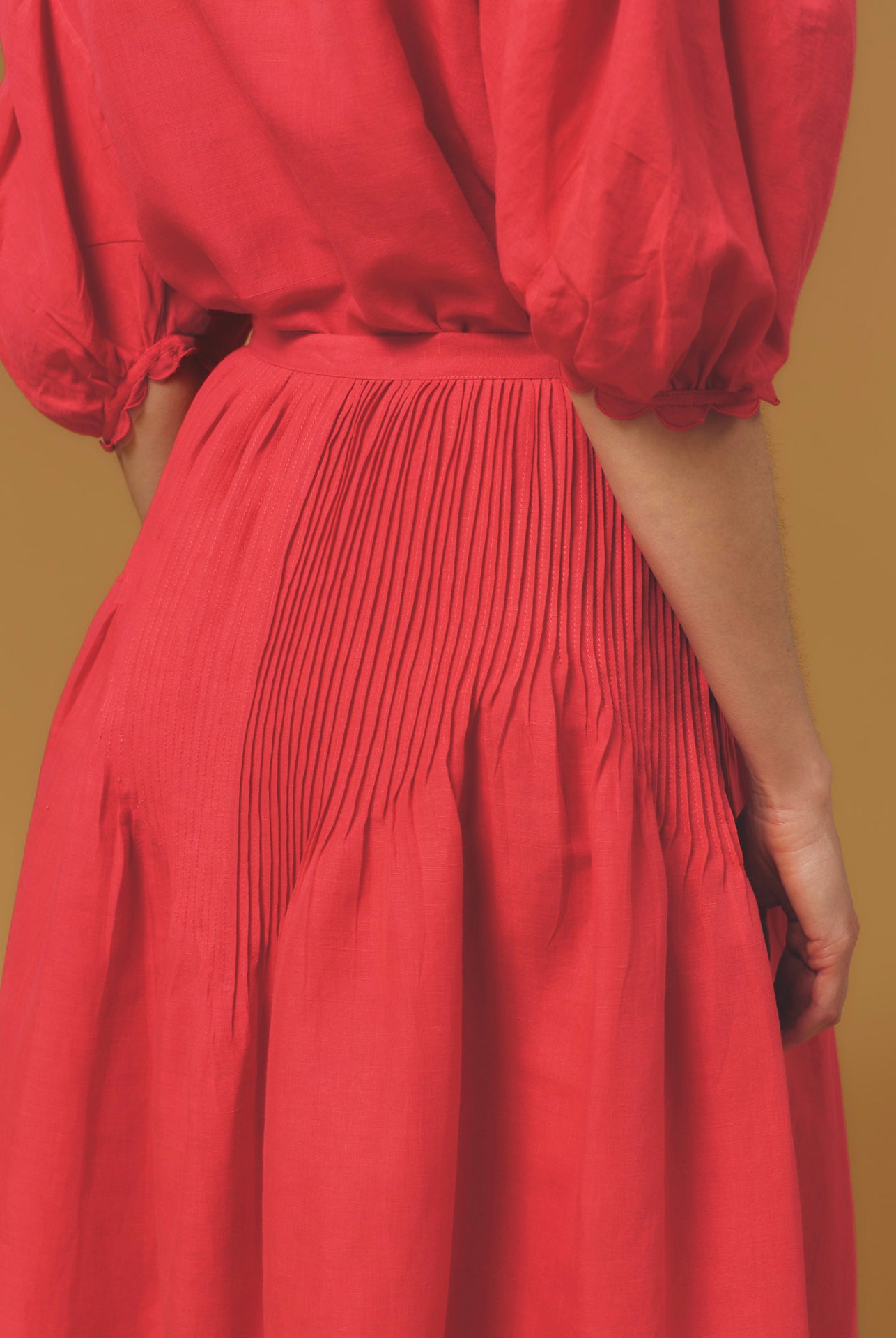 Detail Back view of Verde Barocco Scallops Raspberry Skirt by Thierry Colson