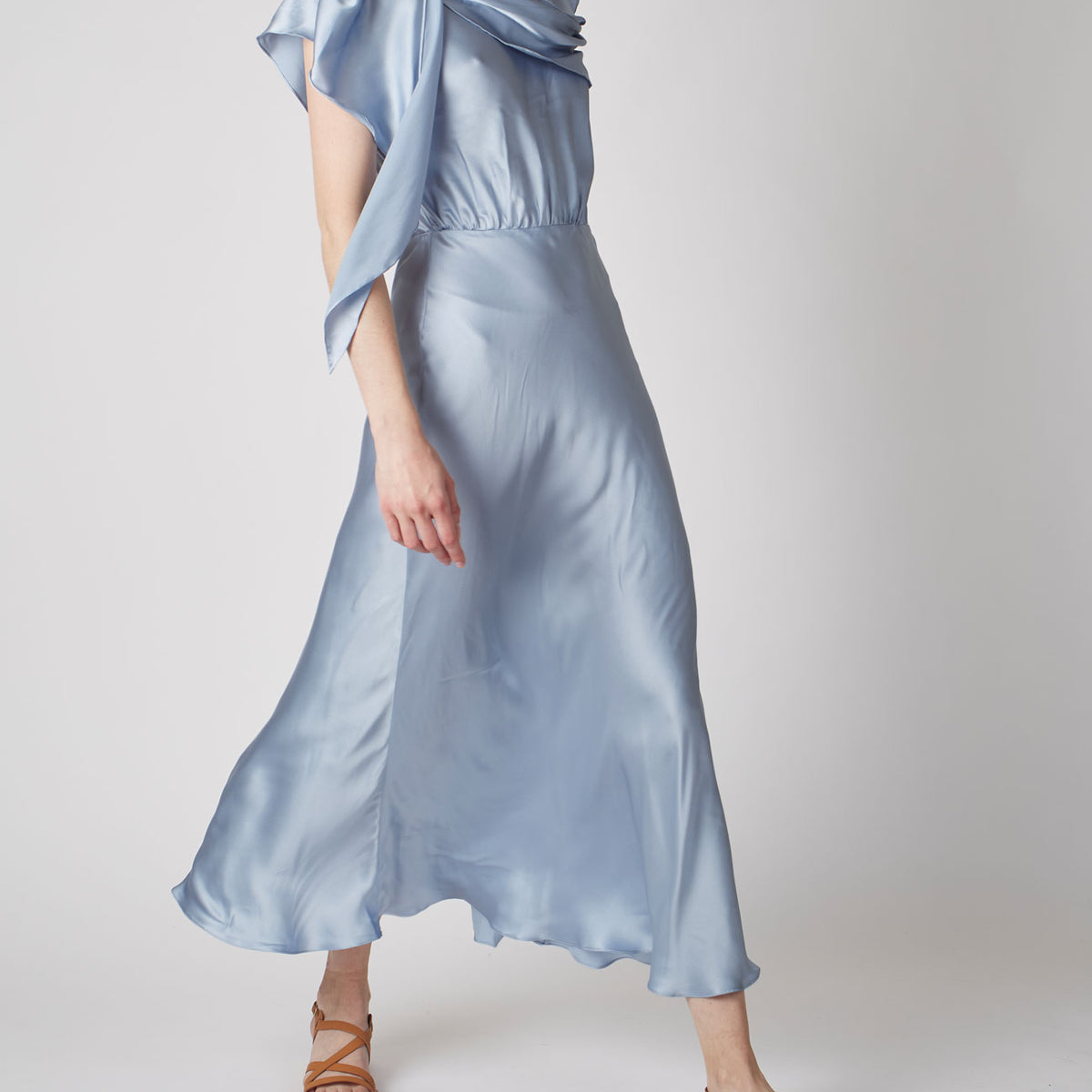 silver blue satin dress Whitney Silk Chest Size:36 Asymmetrical ruching brings the Waistline:Natural Sequin Dresses Formal Dresses