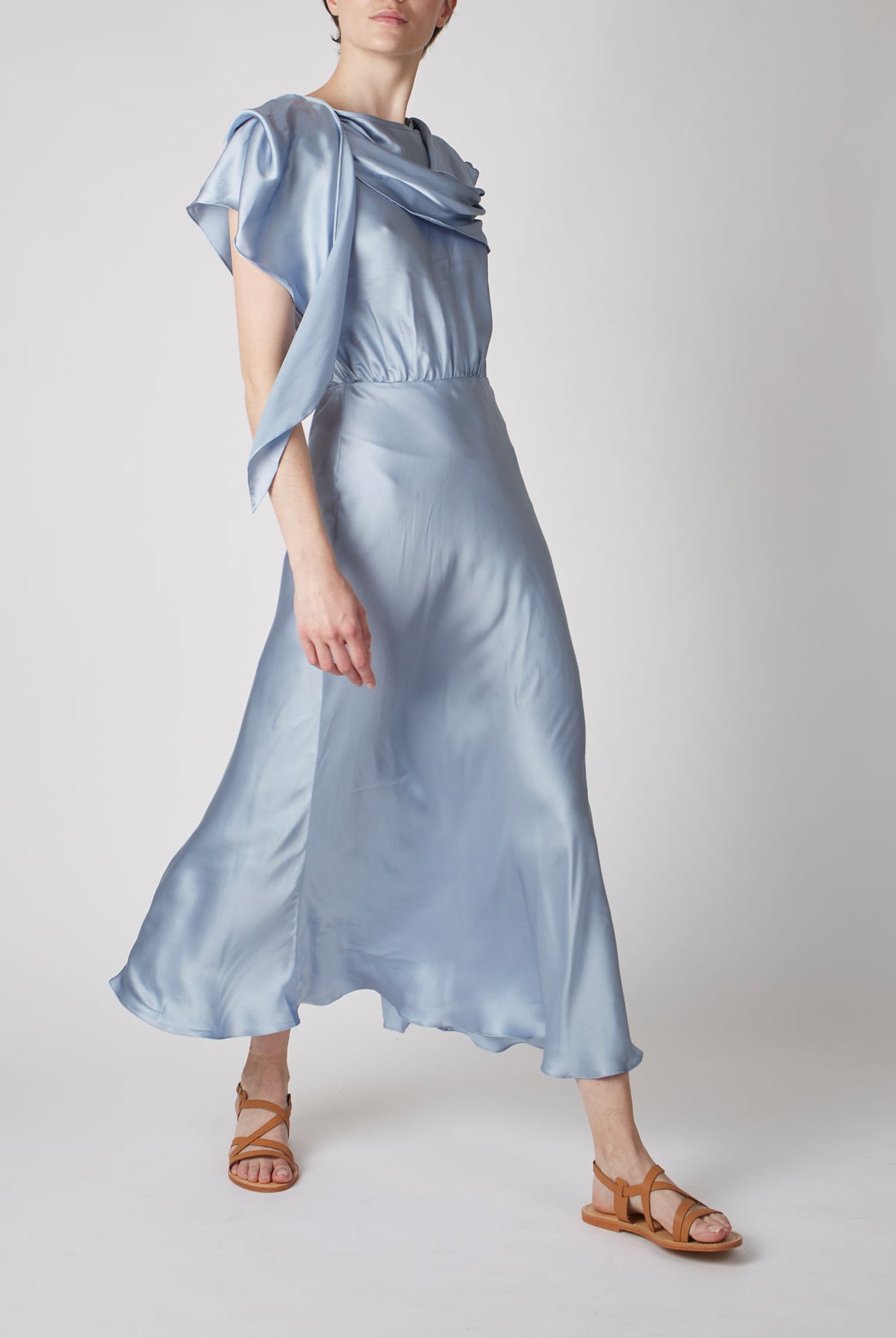 Side view of Whitney Silver Blue Silk Dress by Thierry Colson