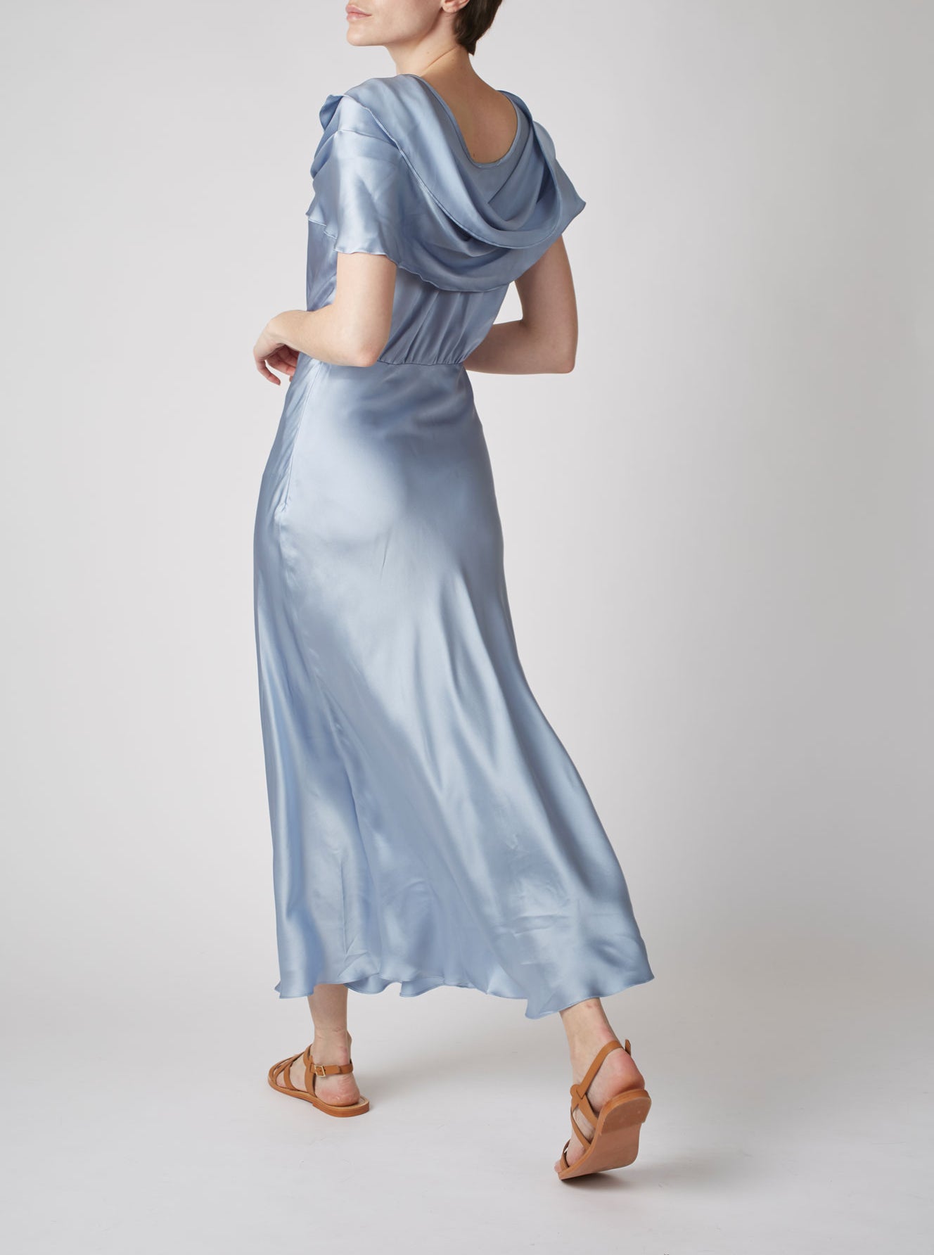 Back view of Whitney Silver Blue Silk Dress by Thierry Colson