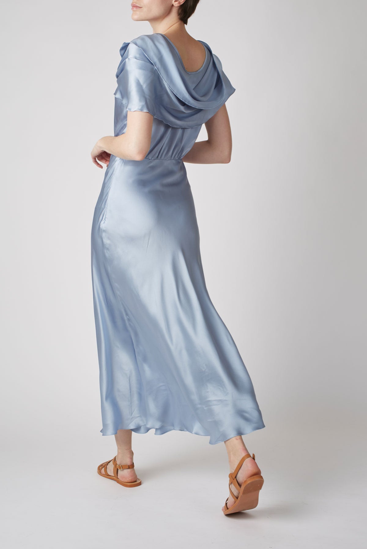 Back view of Whitney Silver Blue Silk Dress by Thierry Colson