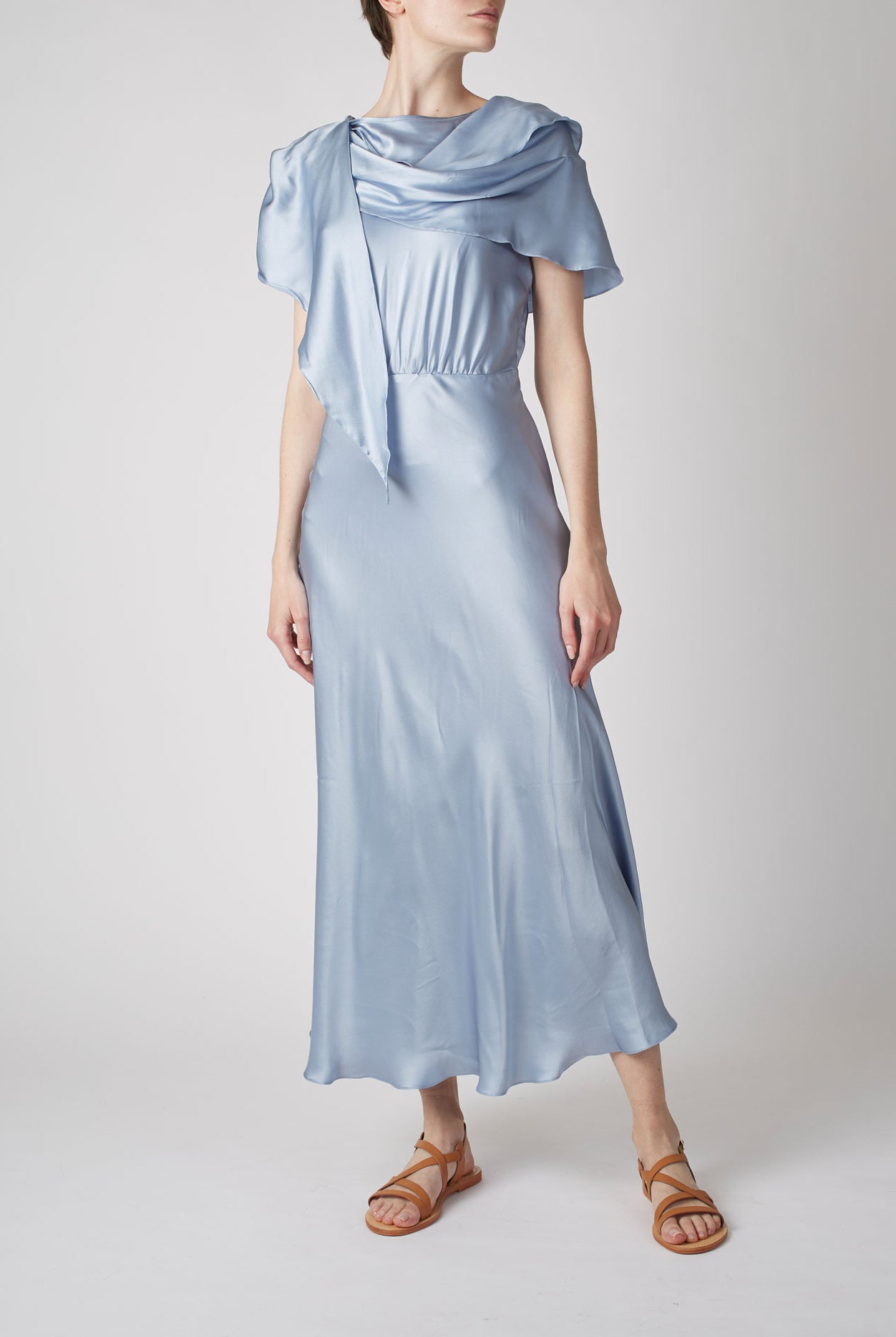 Front view of Whitney Silver Blue Silk Dress by Thierry Colson