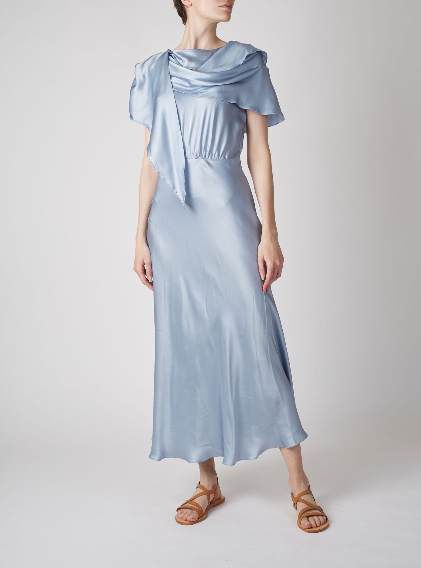 Front view of Whitney Silver Blue Silk Dress by Thierry Colson