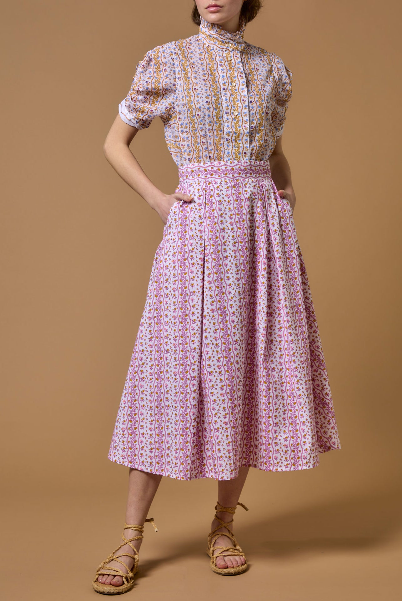Large view of Vita Liselund Print Mustard / Bluebell Blouse with Wynona skirt by Thierry Colson