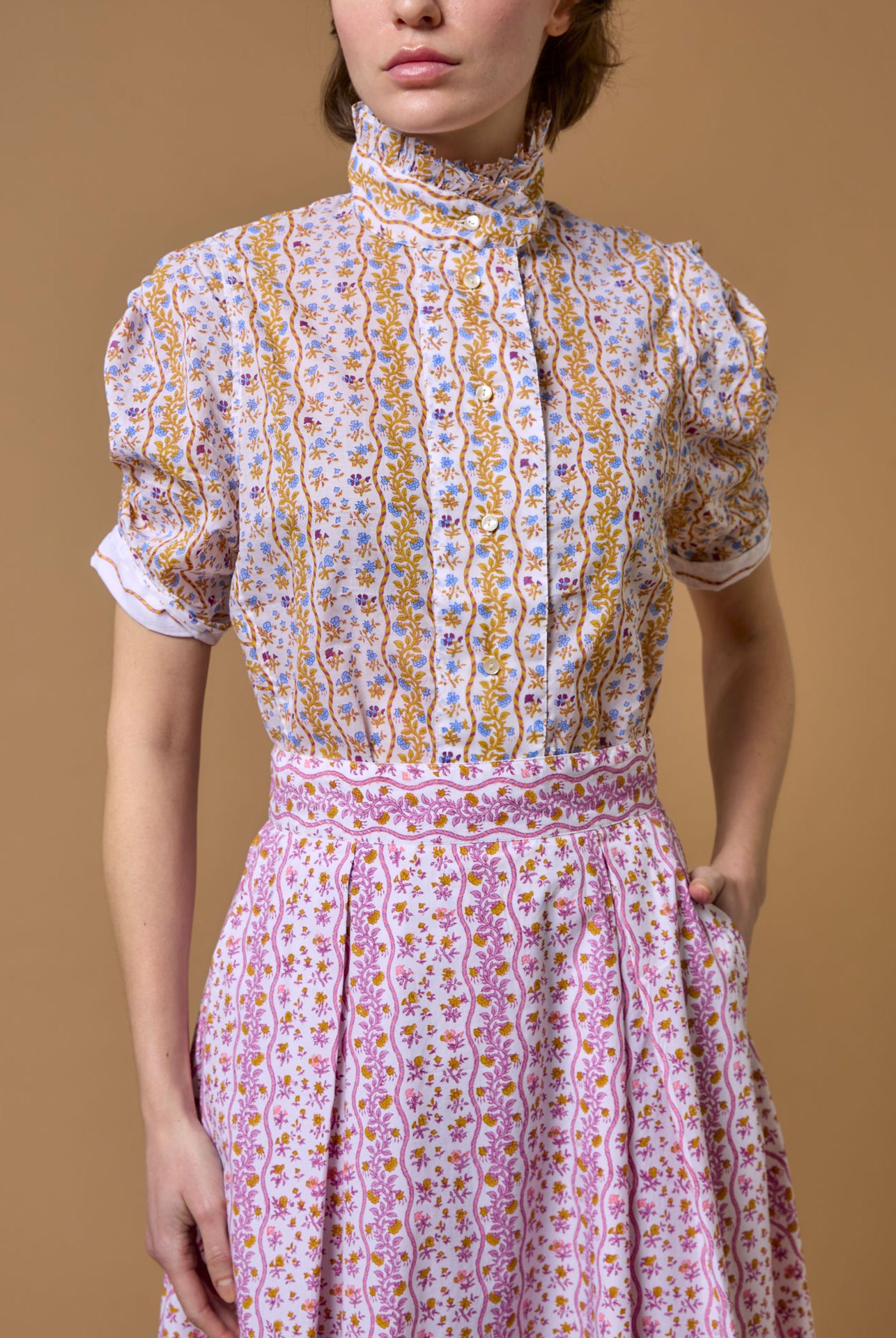 Vita Liselund Print Mustard / Bluebell Blouse by Thierry Colson