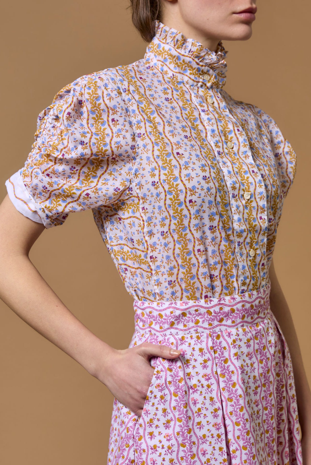 Side view of Vita Liselund Print Mustard / Bluebell Blouse by Thierry Colson