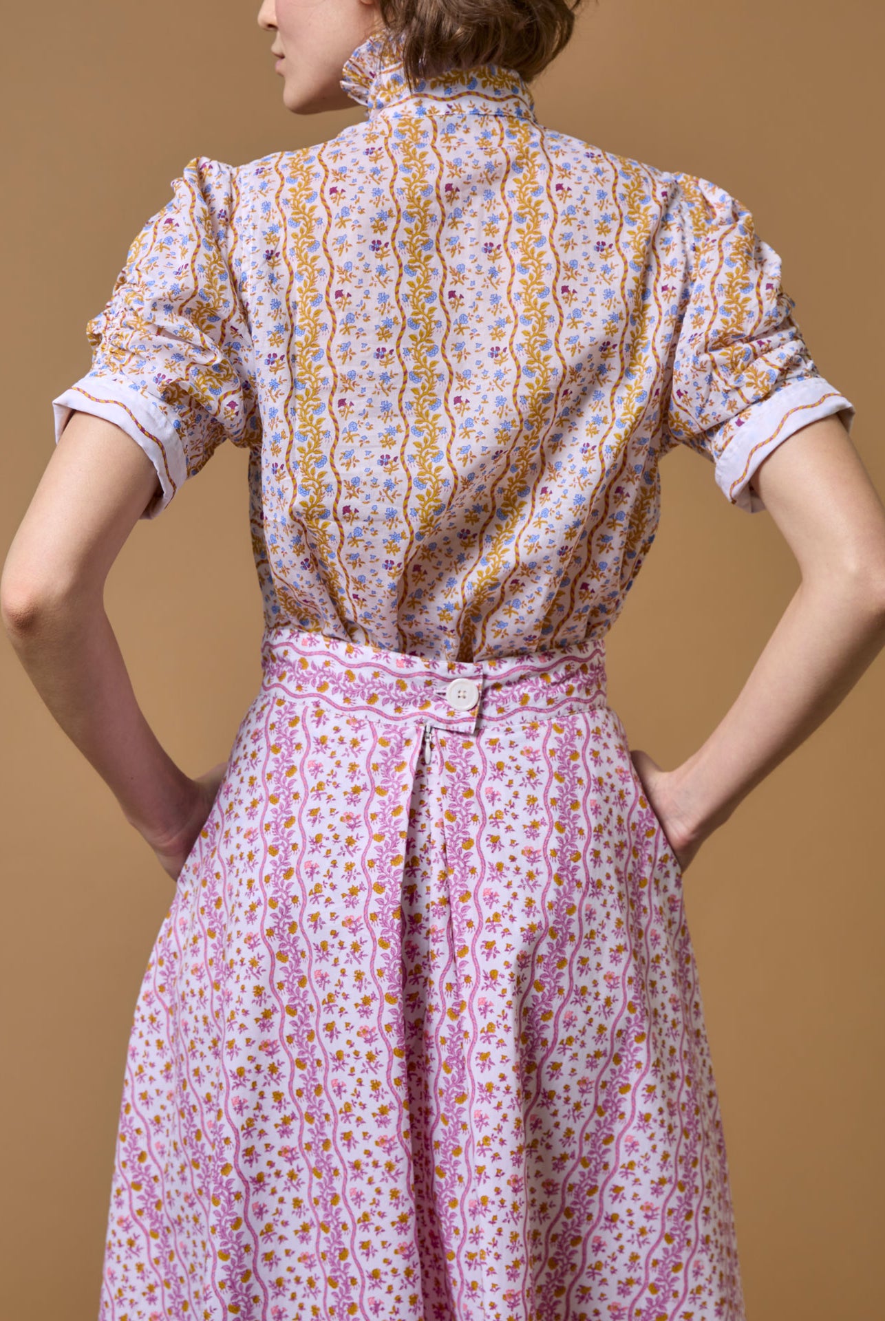 Back view of Vita Liselund Print Mustard / Bluebell Blouse by Thierry Colson