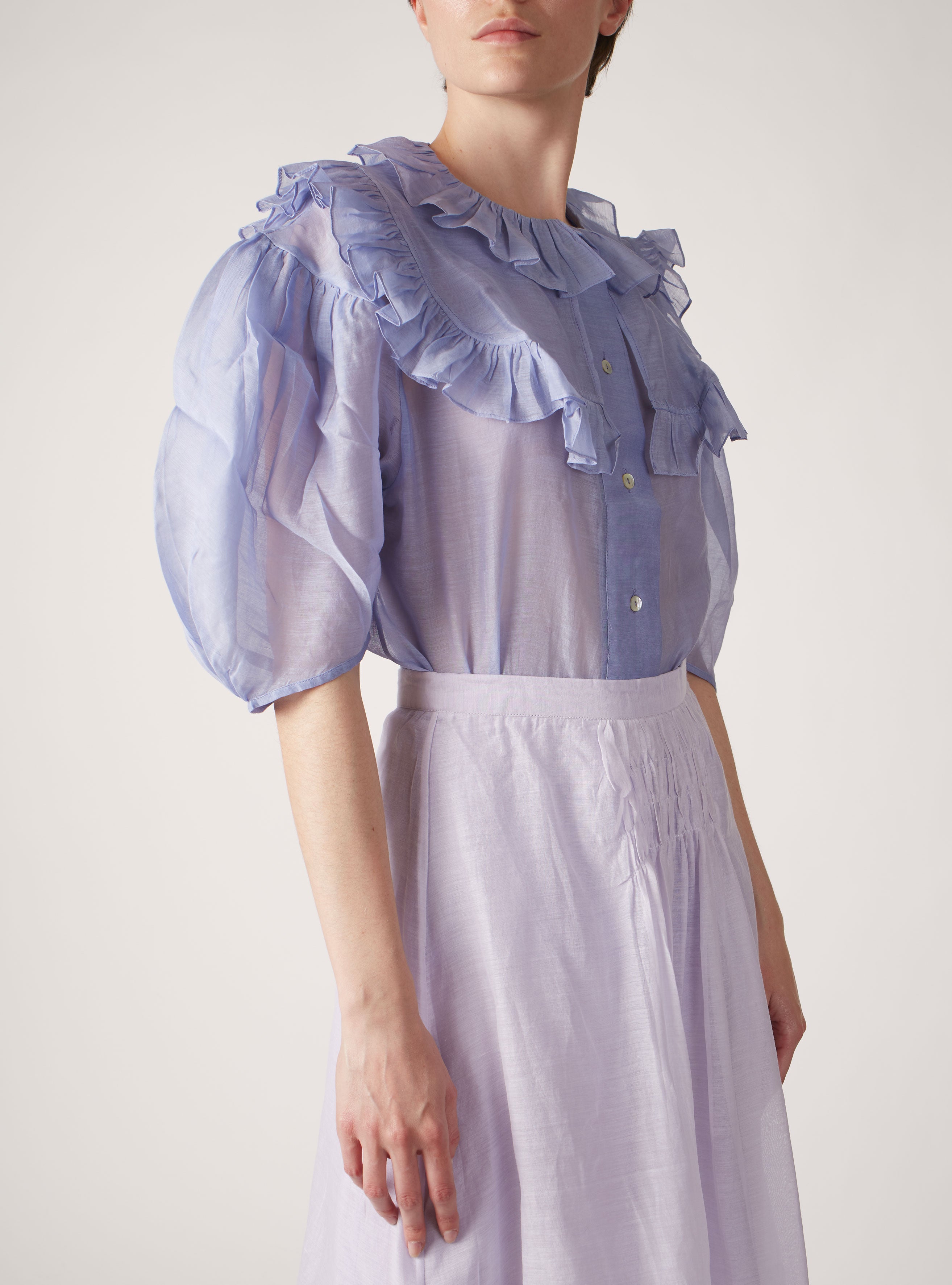 Side view of Vanina  Rose Petals Lavander Blouse by Thierry Colson