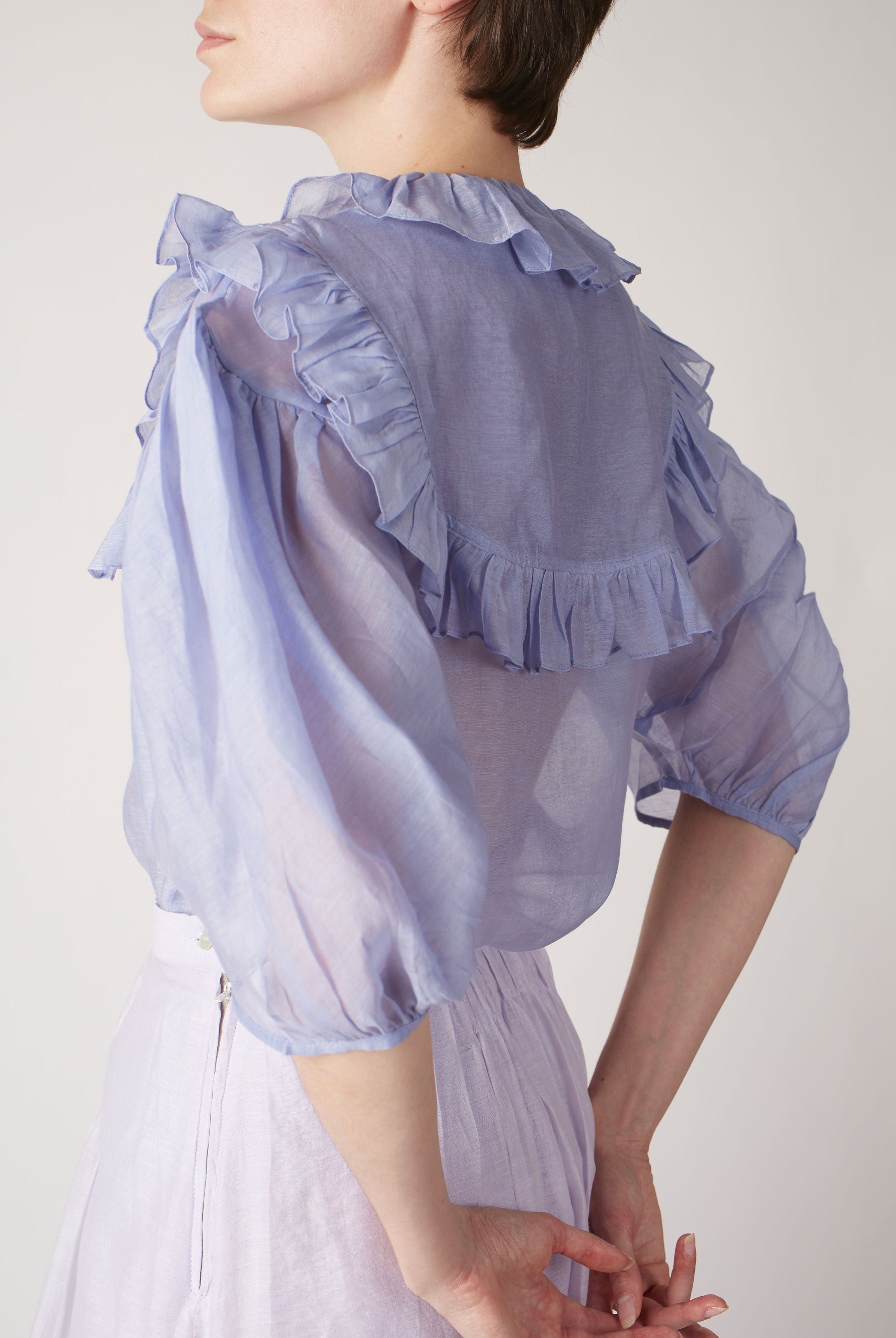 Side Back view of Vanina Rose Petals Lavander Blouse by Thierry Colson