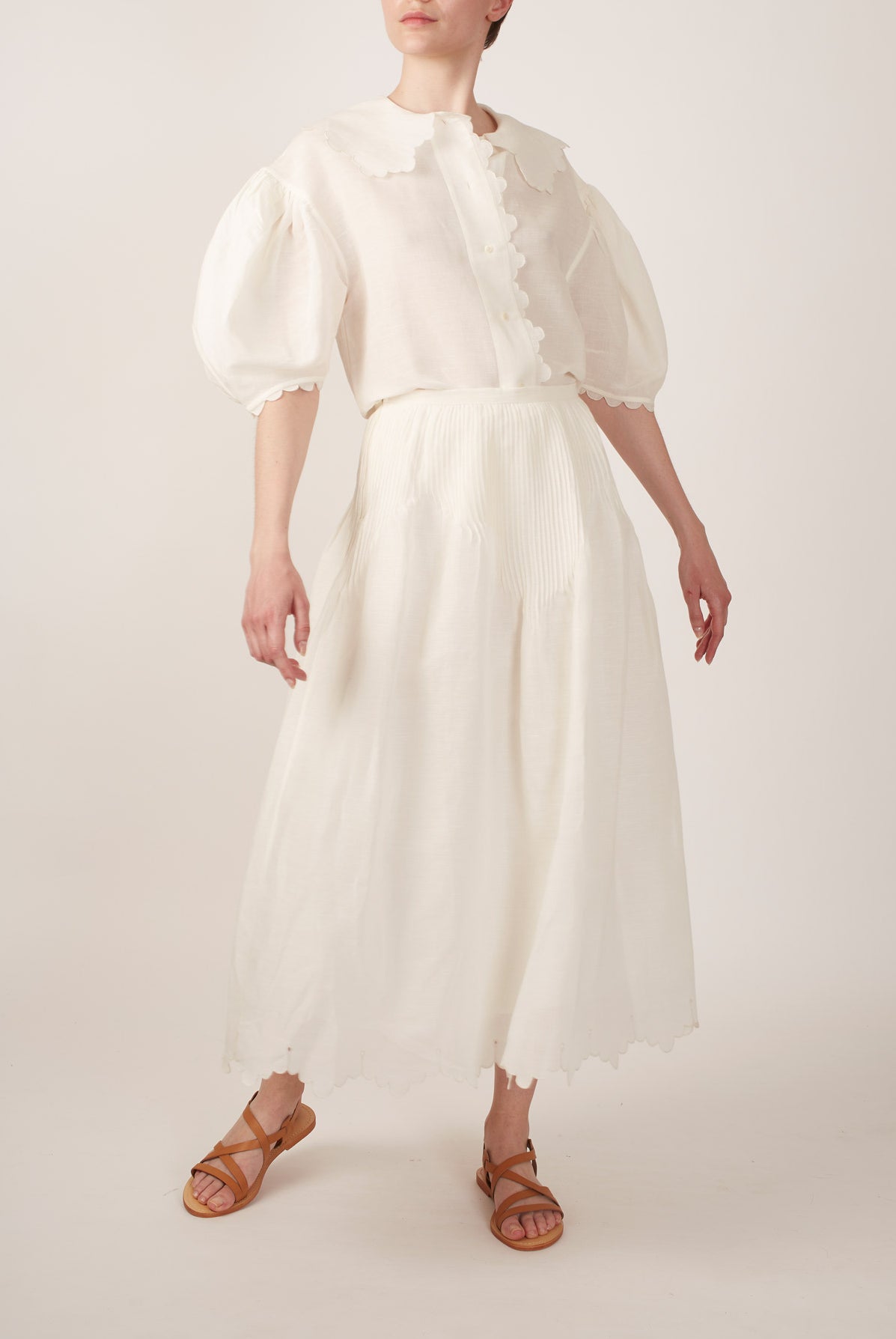 Large view of Vanina Barocco Scallops Off White Blouse with Verde Skirt by Thierry Colson