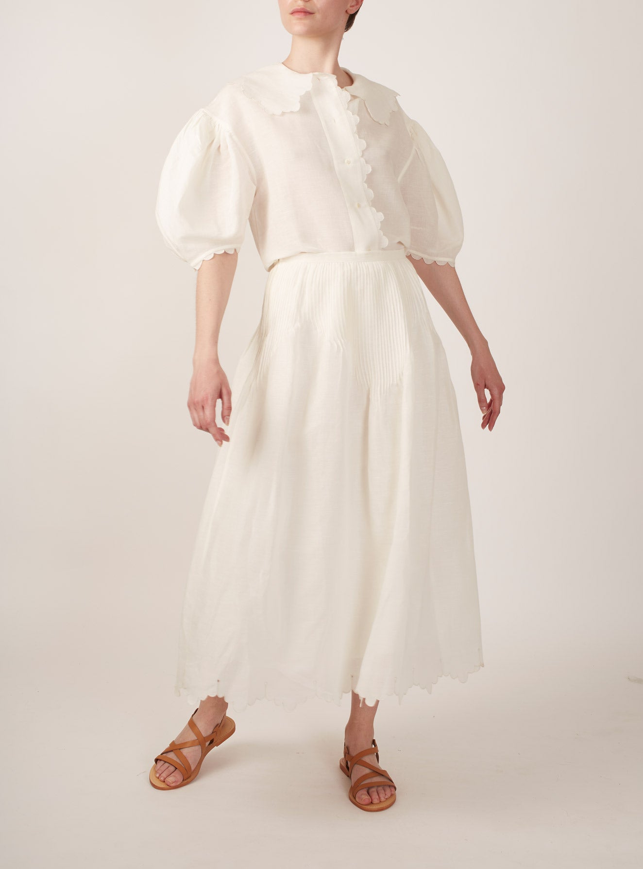 Large view of Vanina Barocco Scallops Off White Blouse with Verde Skirt by Thierry Colson