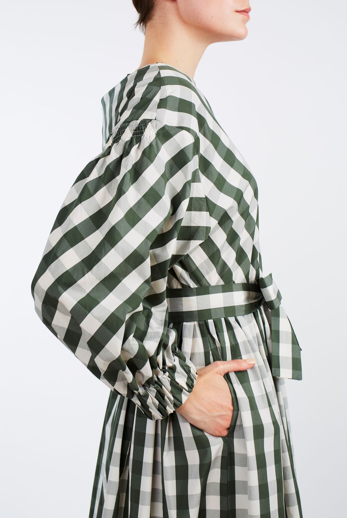 Detail Side view Jane Green & White cotton Dress by Thierry Colson