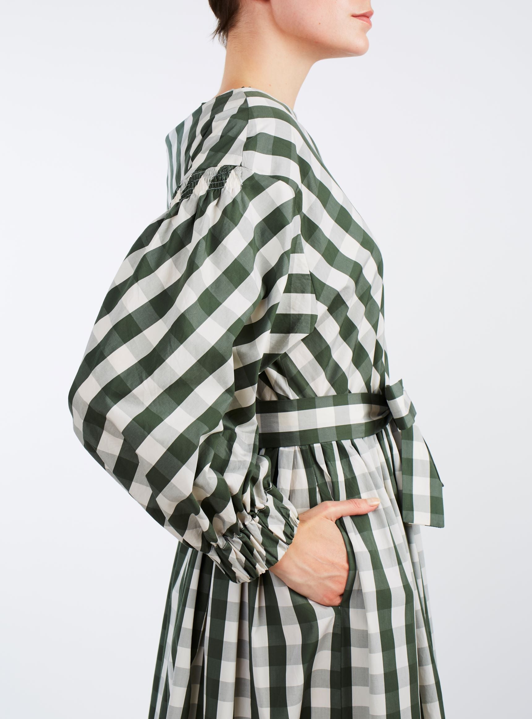 Detail Side view Jane Green & White cotton Dress by Thierry Colson