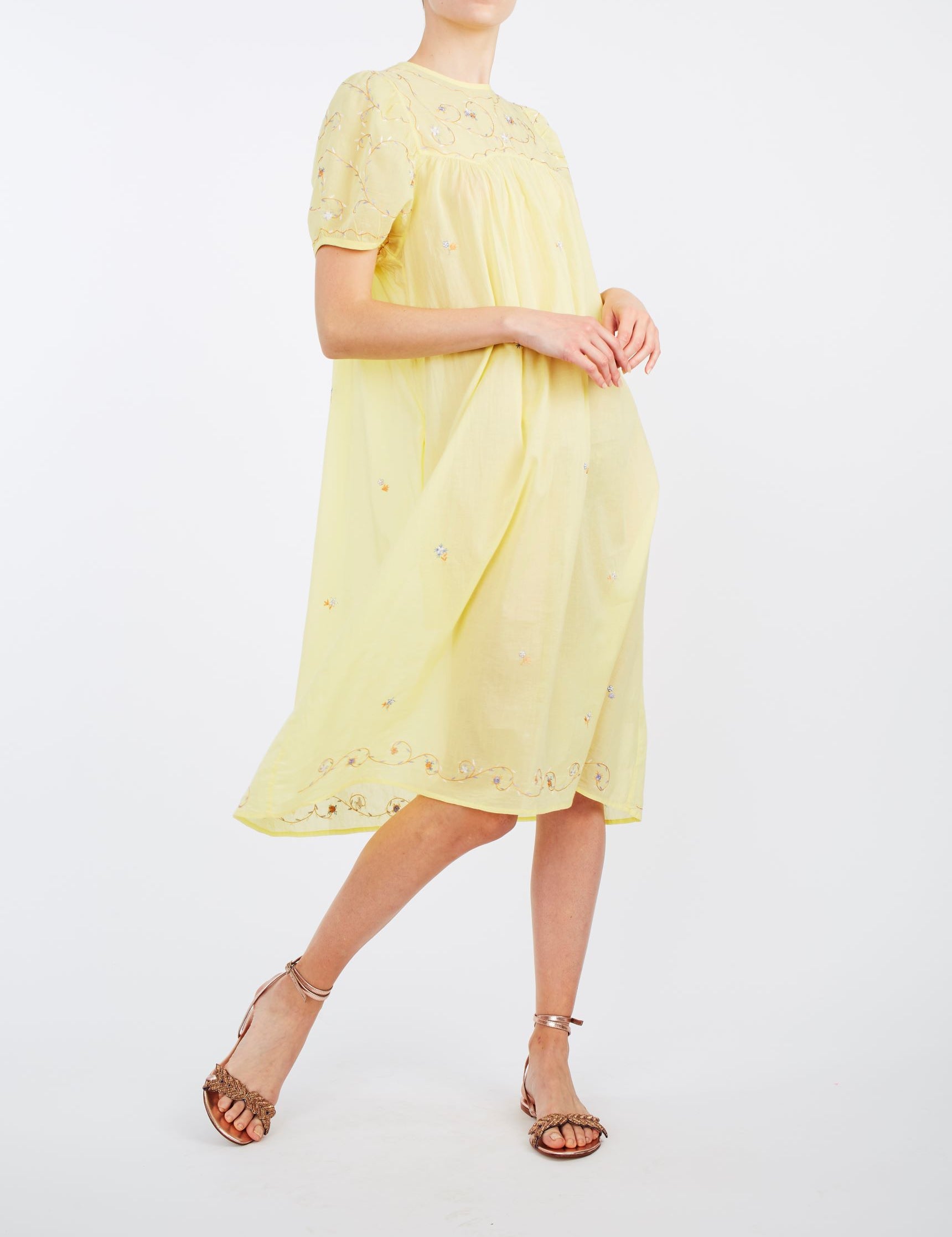 Side view of Olympia Sweet Lemon cotton Dress by Thierry Colson