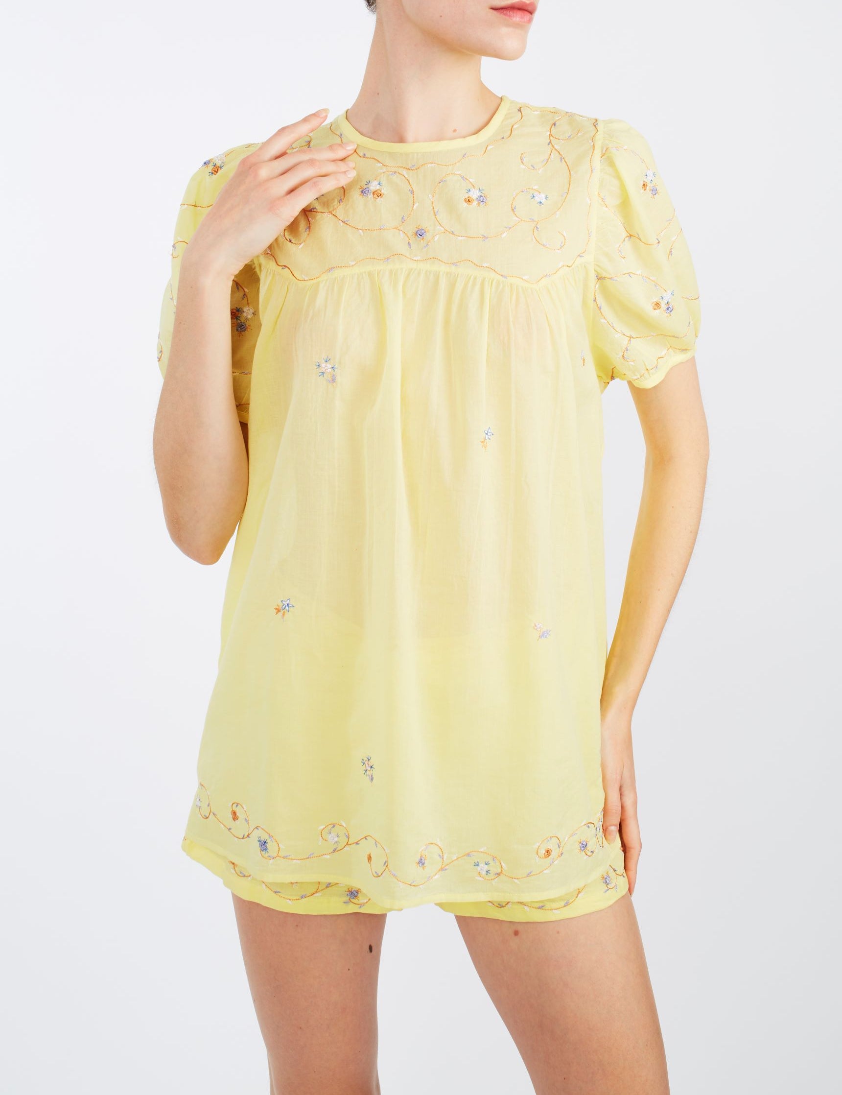 Front view of Olympia Sweet Lemon Top with Armand shorts by Thierry Colson