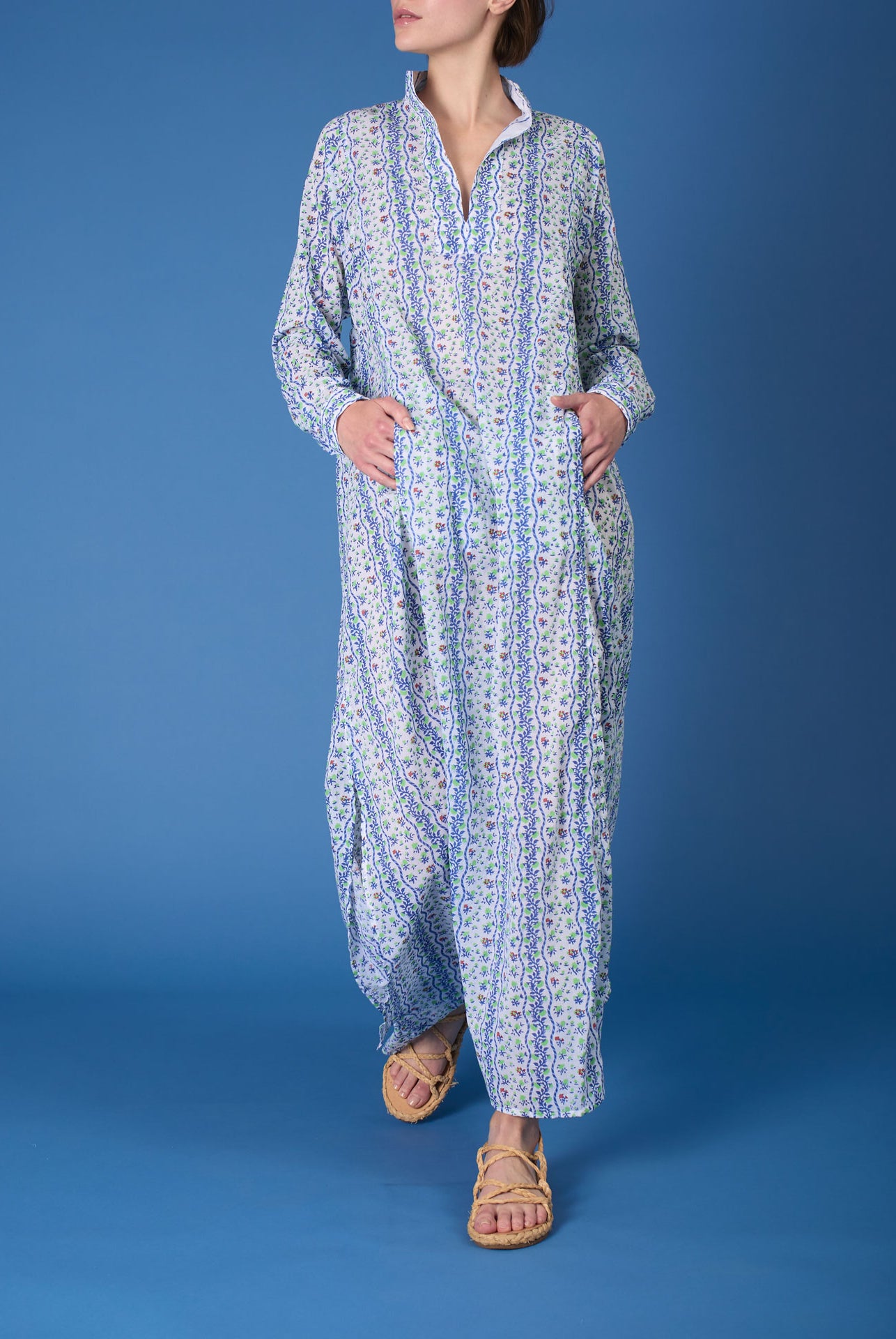 Front view of Parvati Liselund Print Green / Cobalt Kaftan Long by Thierry Colson