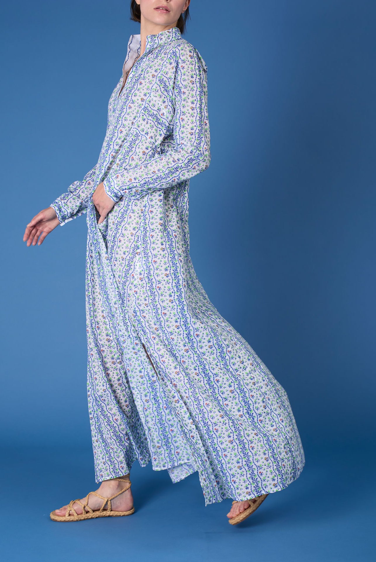 Side view of Parvati Liselund Print Green / Cobalt Kaftan Long by Thierry Colson